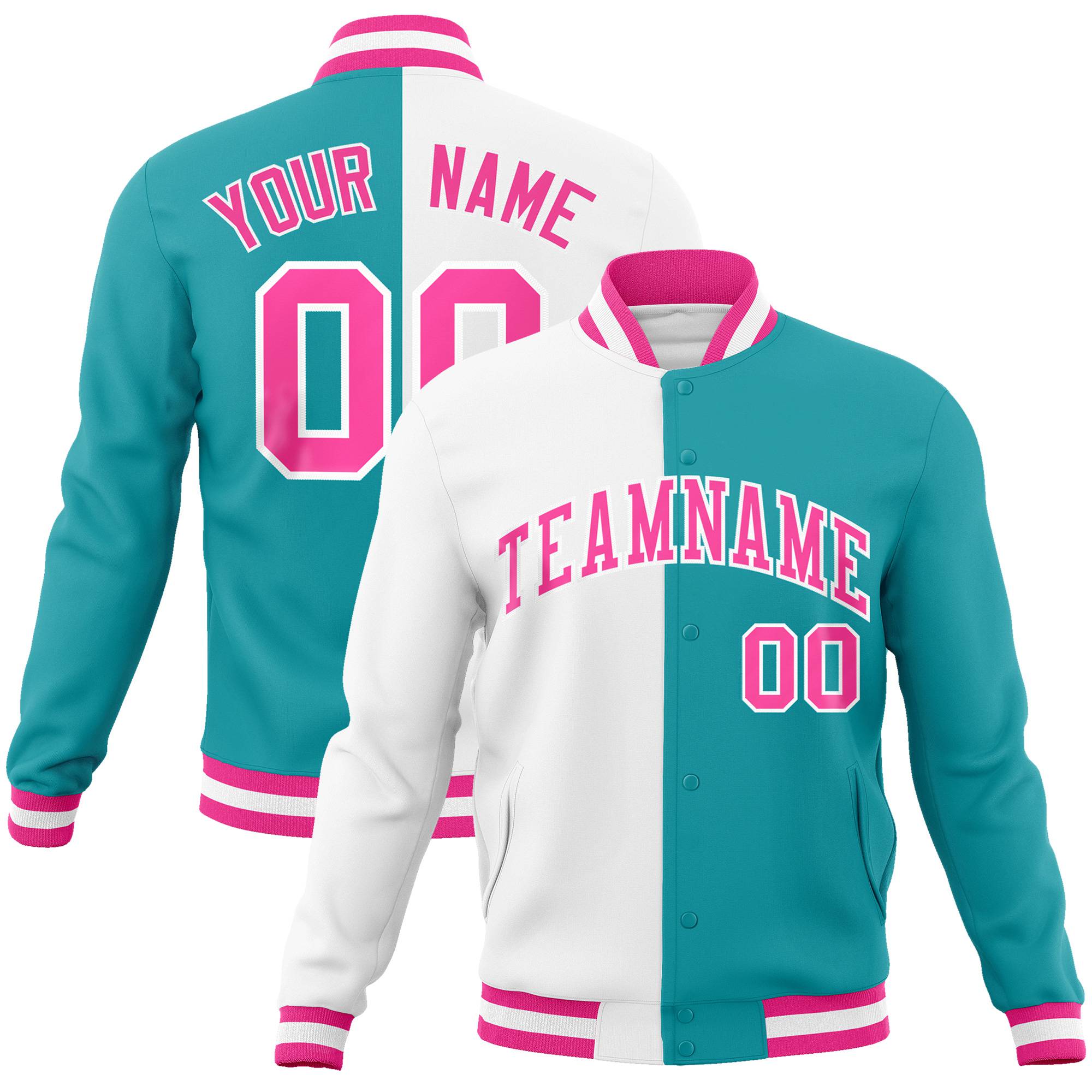 Custom White Aqua Pink Bomber Full-Snap Varsity Letterman Split Fashion Jacket