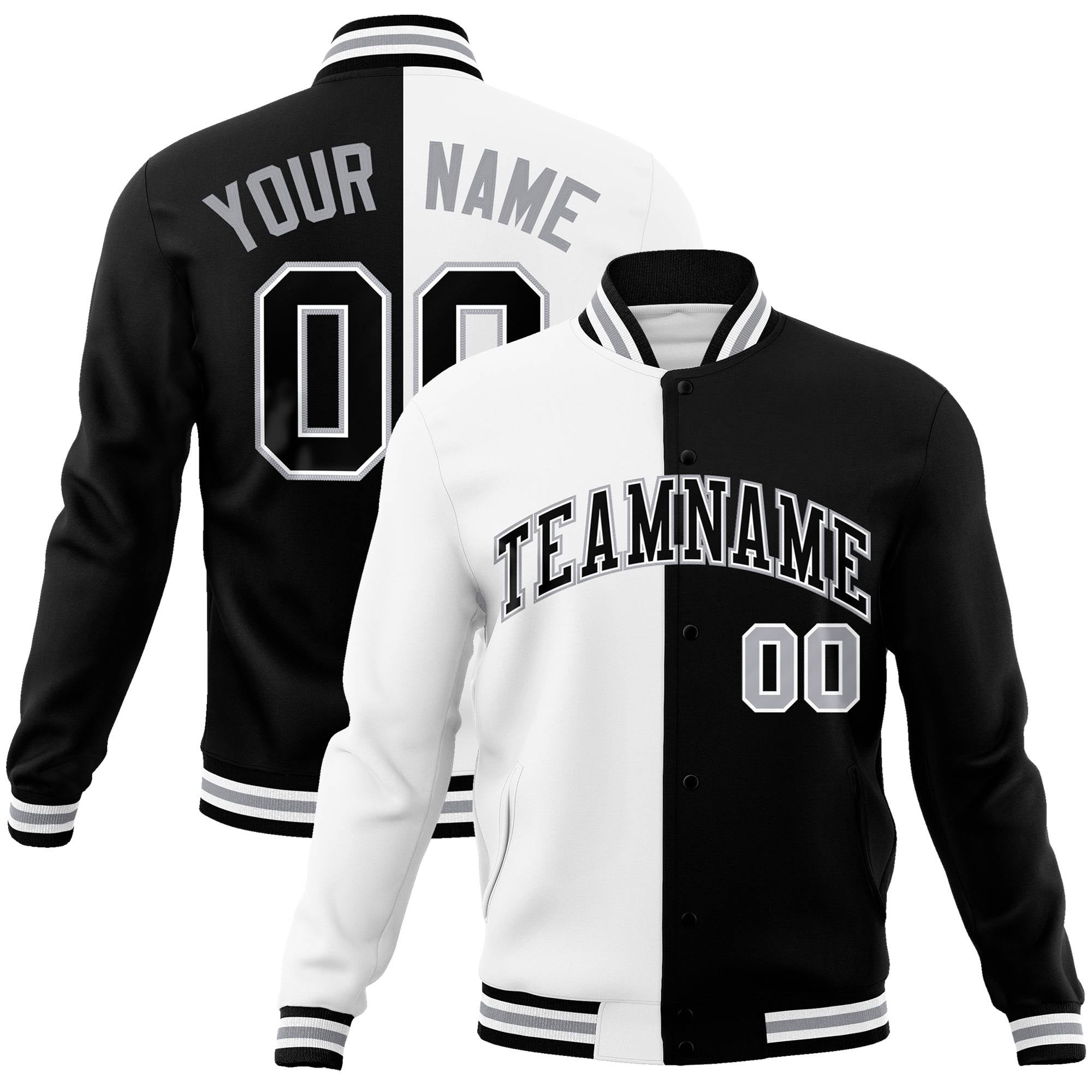 Custom White Black Gray Bomber Full-Snap Varsity Letterman Split Fashion Jacket