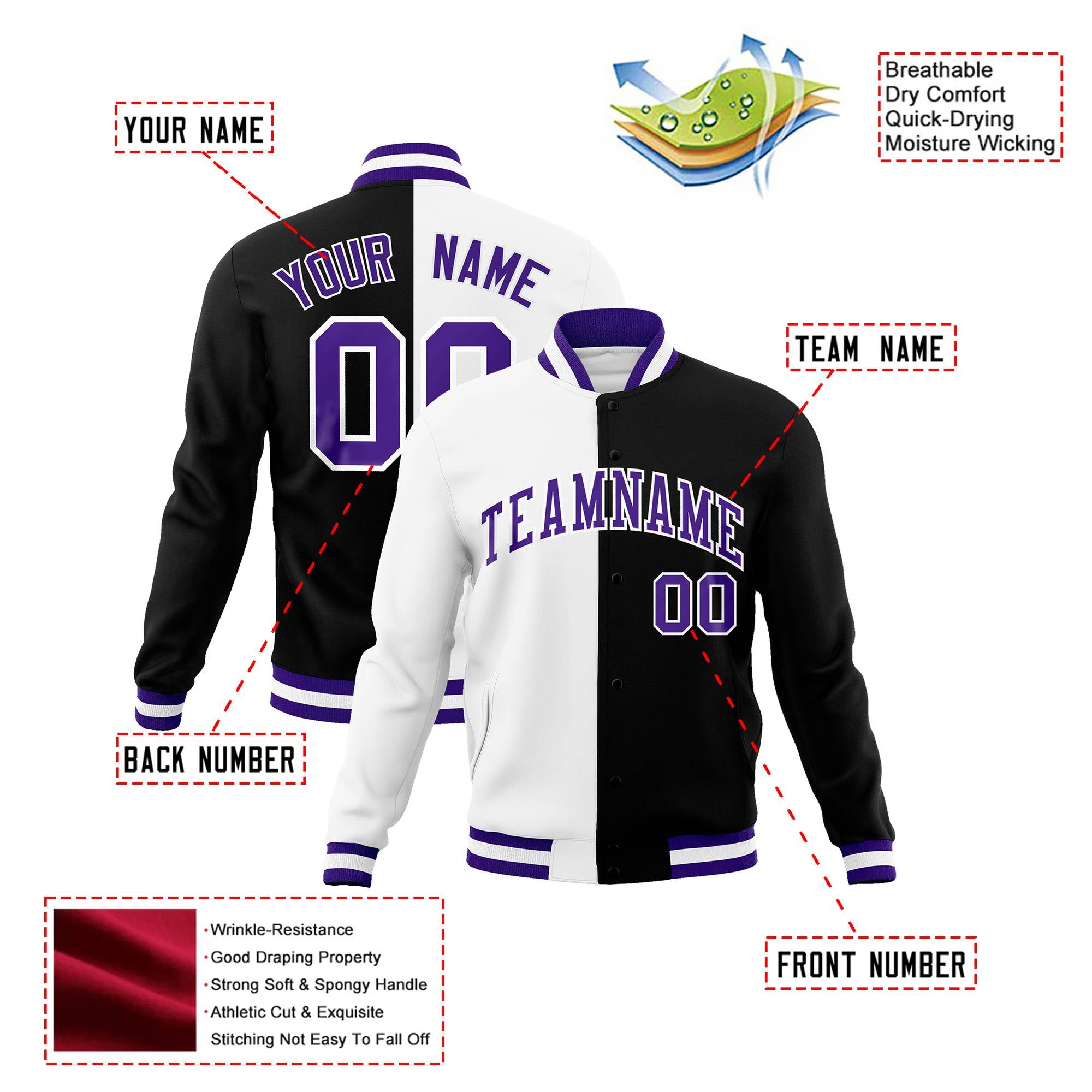 Custom White Black Purple Bomber Full-Snap Varsity Letterman Split Fashion Jacket