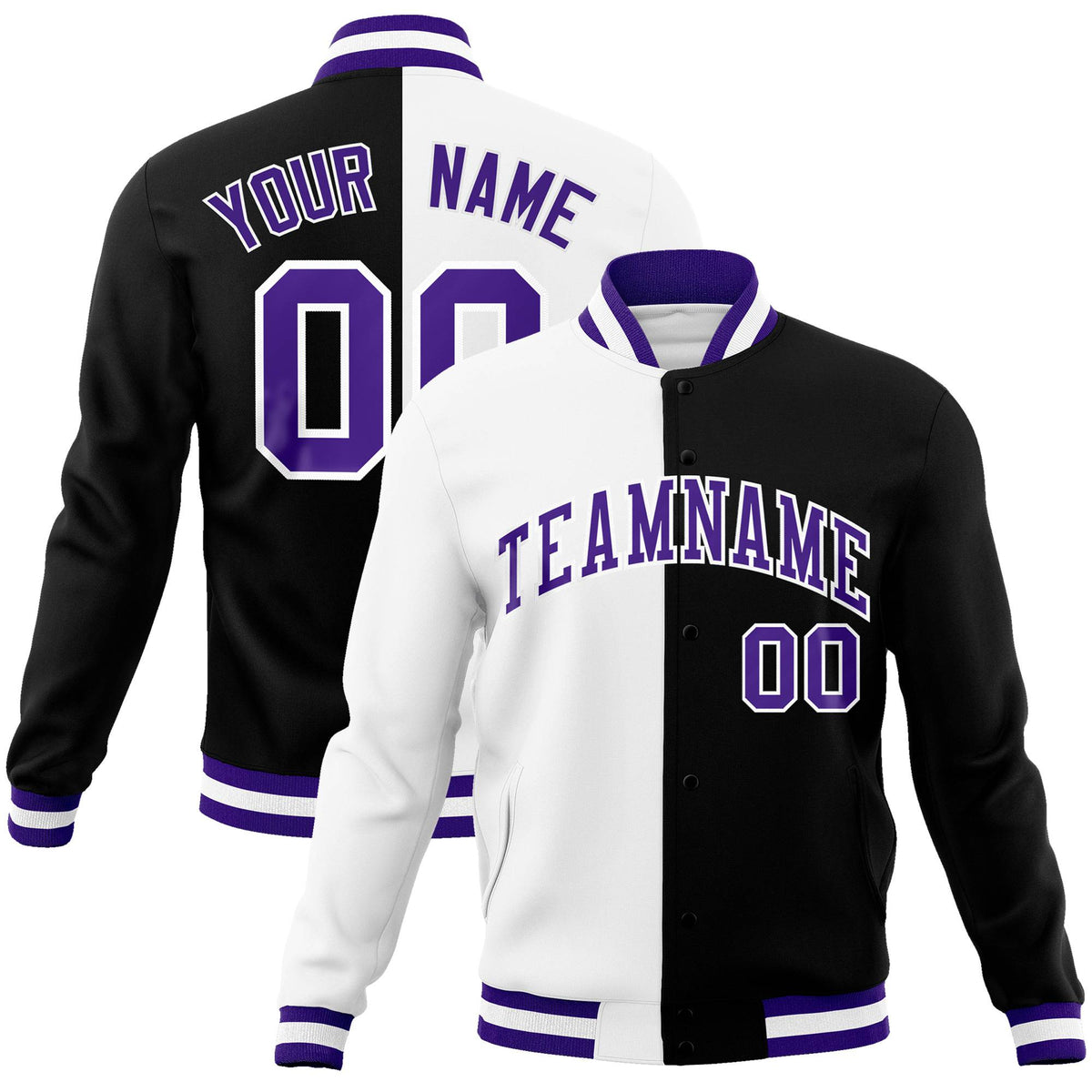 Custom White Black Purple Bomber Full-Snap Varsity Letterman Split Fashion Jacket