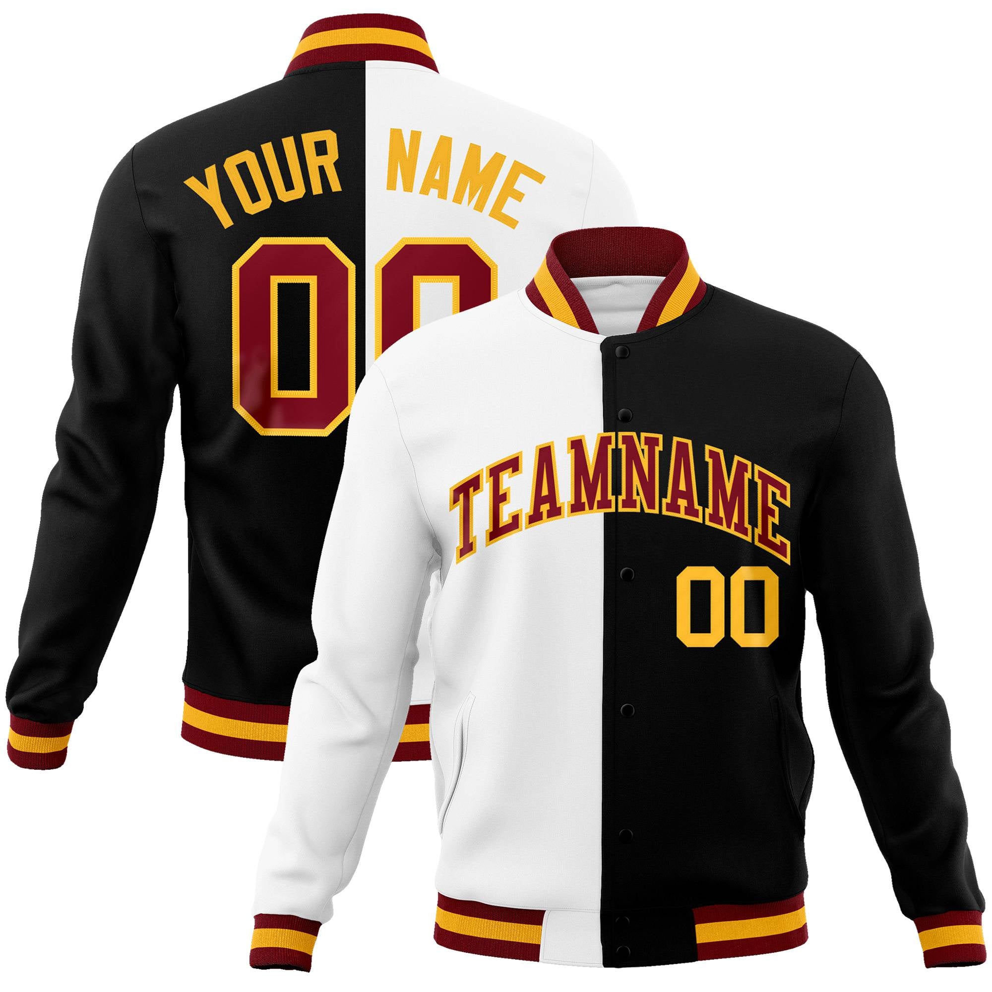 Custom White Black Burgundy-Gold Bomber Full-Snap Varsity Letterman Split Fashion Jacket