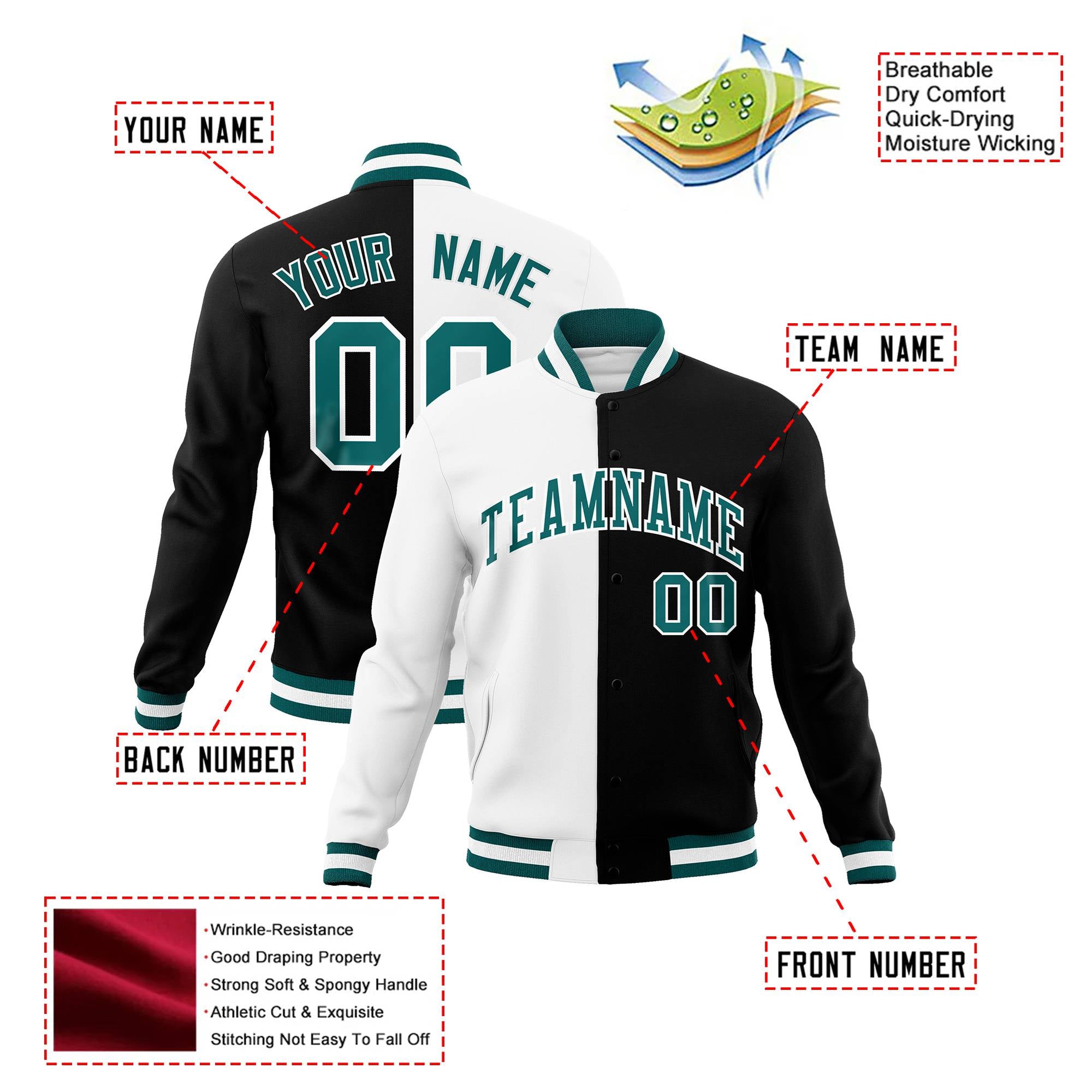 Custom White Black Aqua Bomber Full-Snap Varsity Letterman Split Fashion Jacket