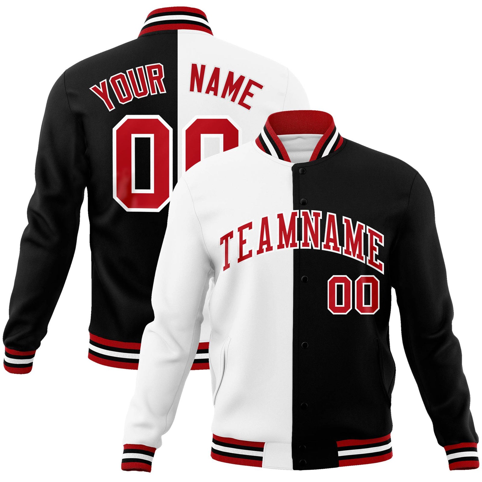 Custom White Black Red Bomber Full-Snap Varsity Letterman Split Fashion Jacket