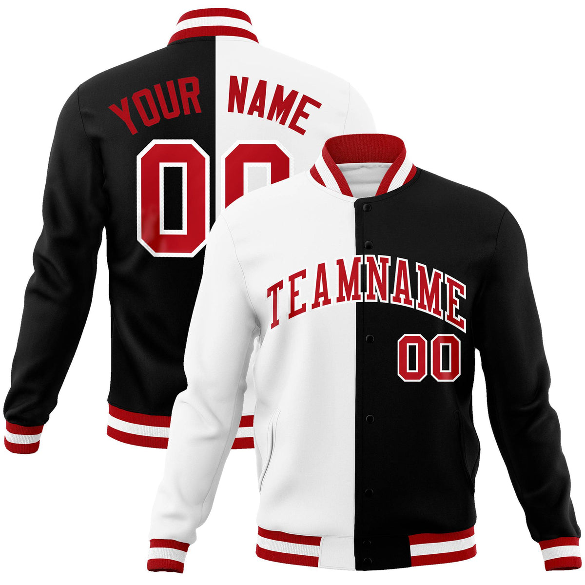 Custom White Black Red Bomber Full-Snap Varsity Letterman Split Fashion Jacket