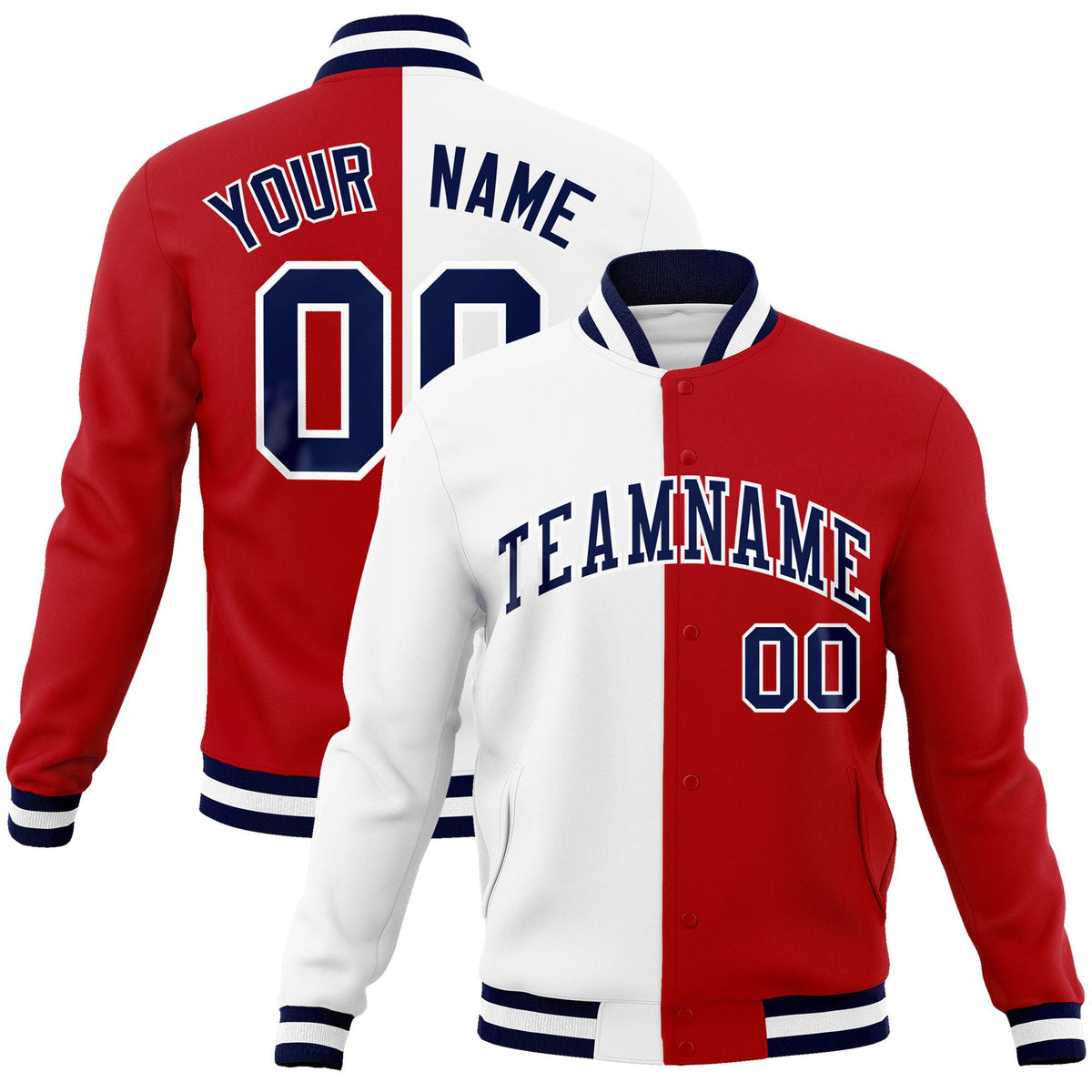 Custom White Red Purple Bomber Full-Snap Varsity Letterman Split Fashion Jacket