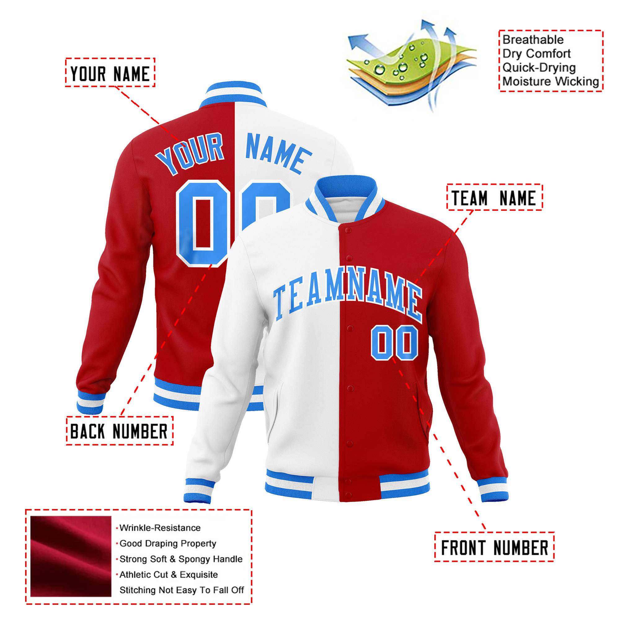 Custom White Red Light-Blue Bomber Full-Snap Varsity Letterman Split Fashion Jacket