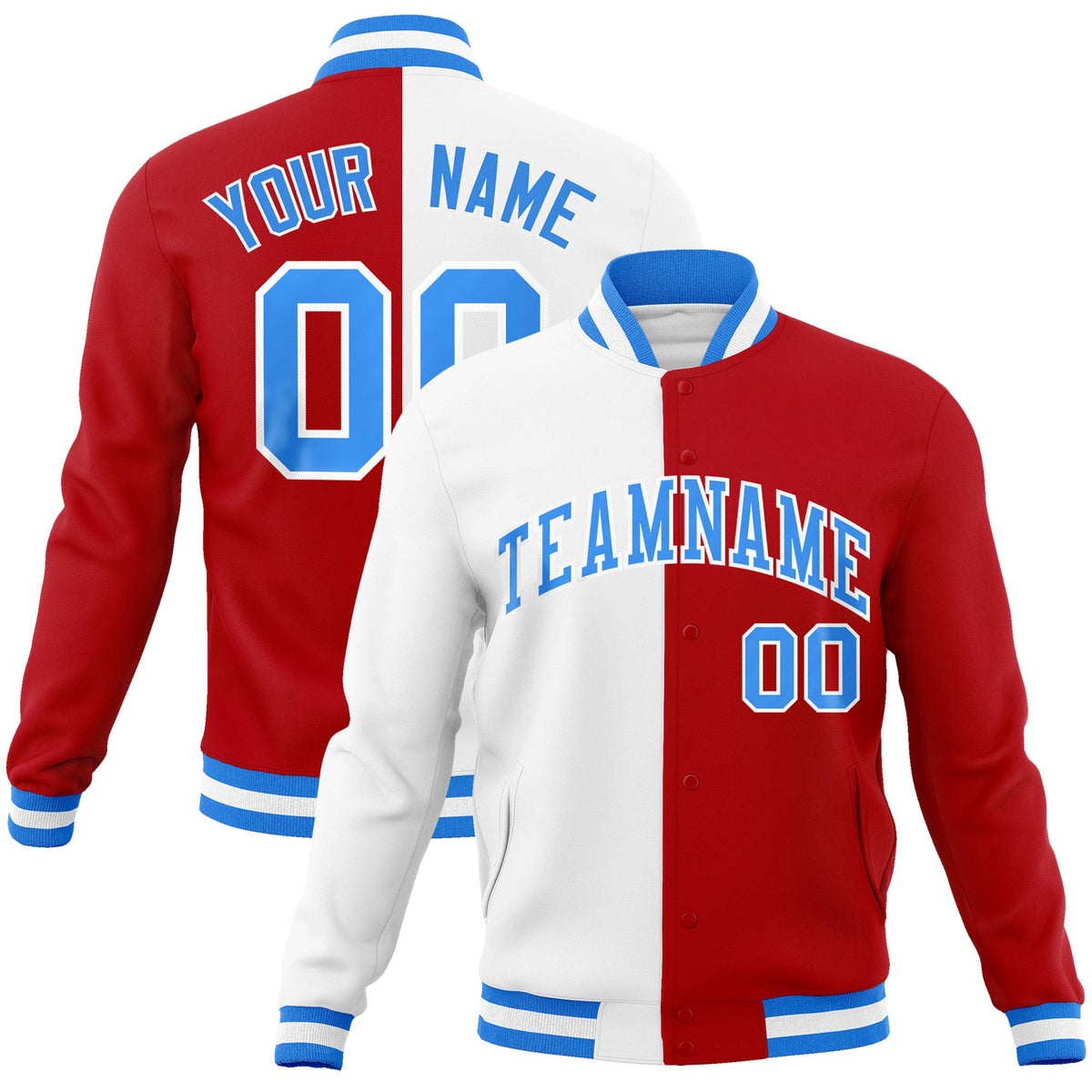 Custom White Red Light-Blue Bomber Full-Snap Varsity Letterman Split Fashion Jacket