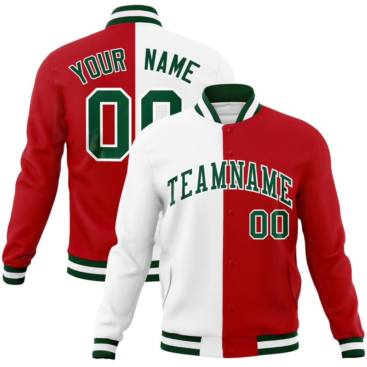 Custom White Red Kelly-Green Bomber Full-Snap Varsity Letterman Split Fashion Jacket