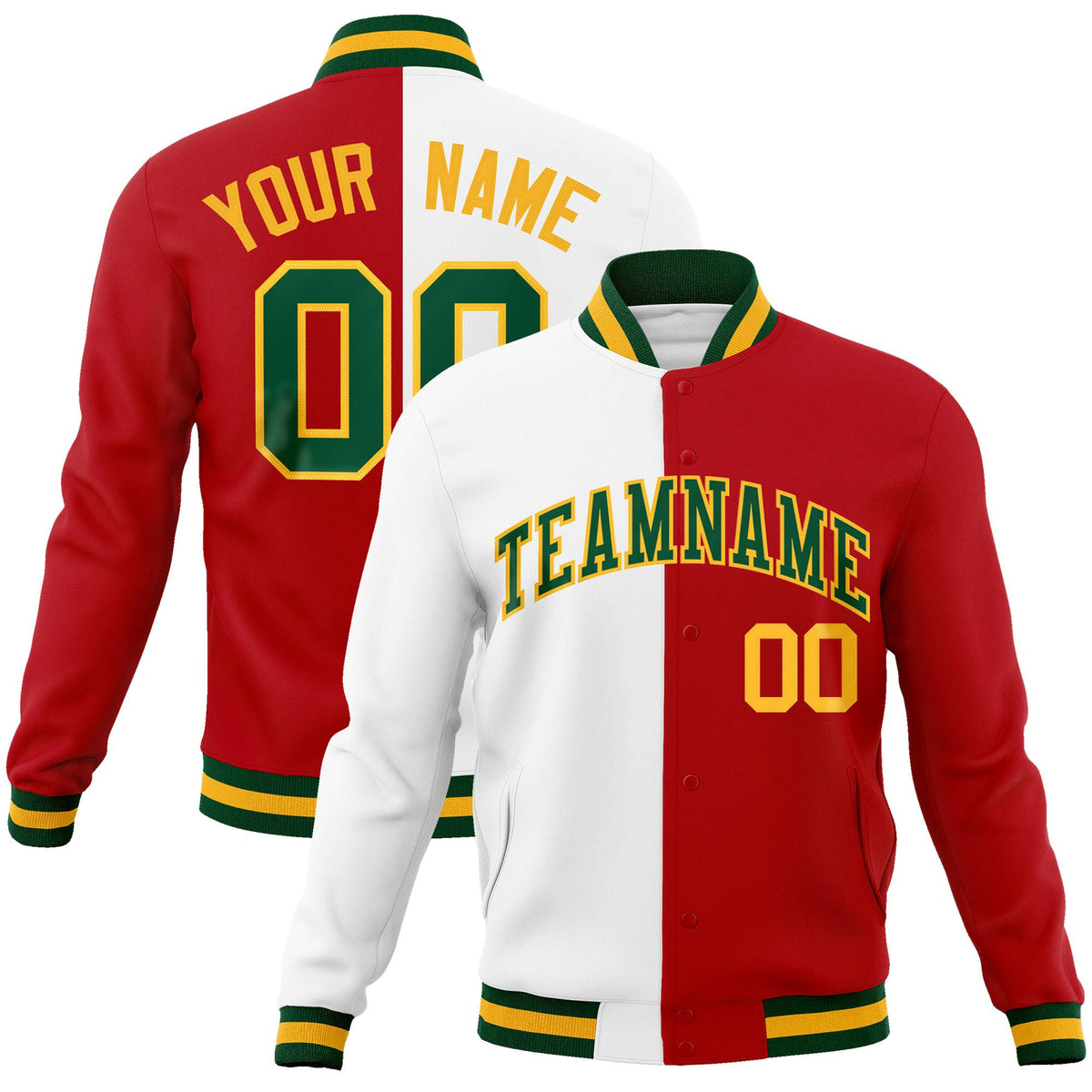 Custom White Red Kelly-Green Gold Bomber Full-Snap Varsity Letterman Split Fashion Jacket