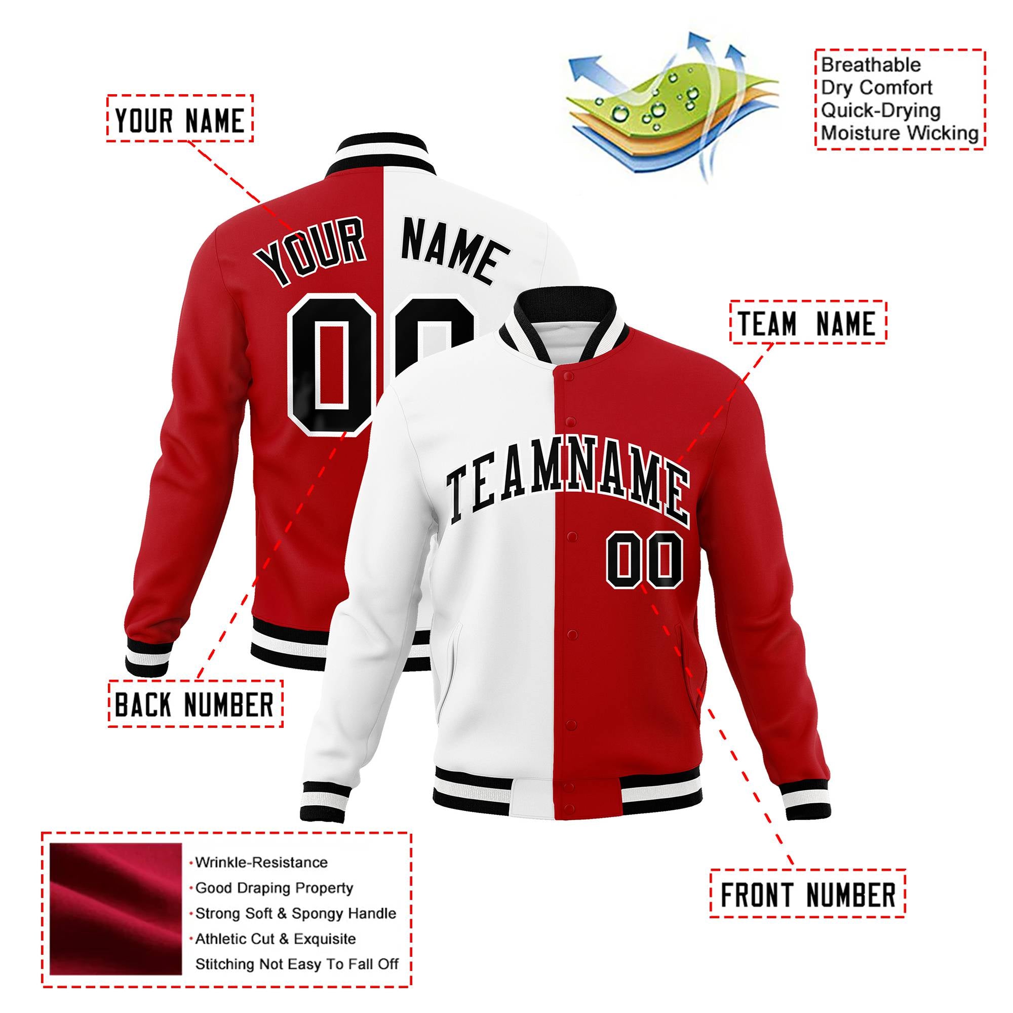 Custom White Red Black Bomber Full-Snap Varsity Letterman Split Fashion Jacket