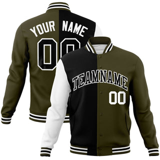Custom Black Olive White Bomber Full-Snap Varsity Letterman Split Fashion Jacket - Style 1
