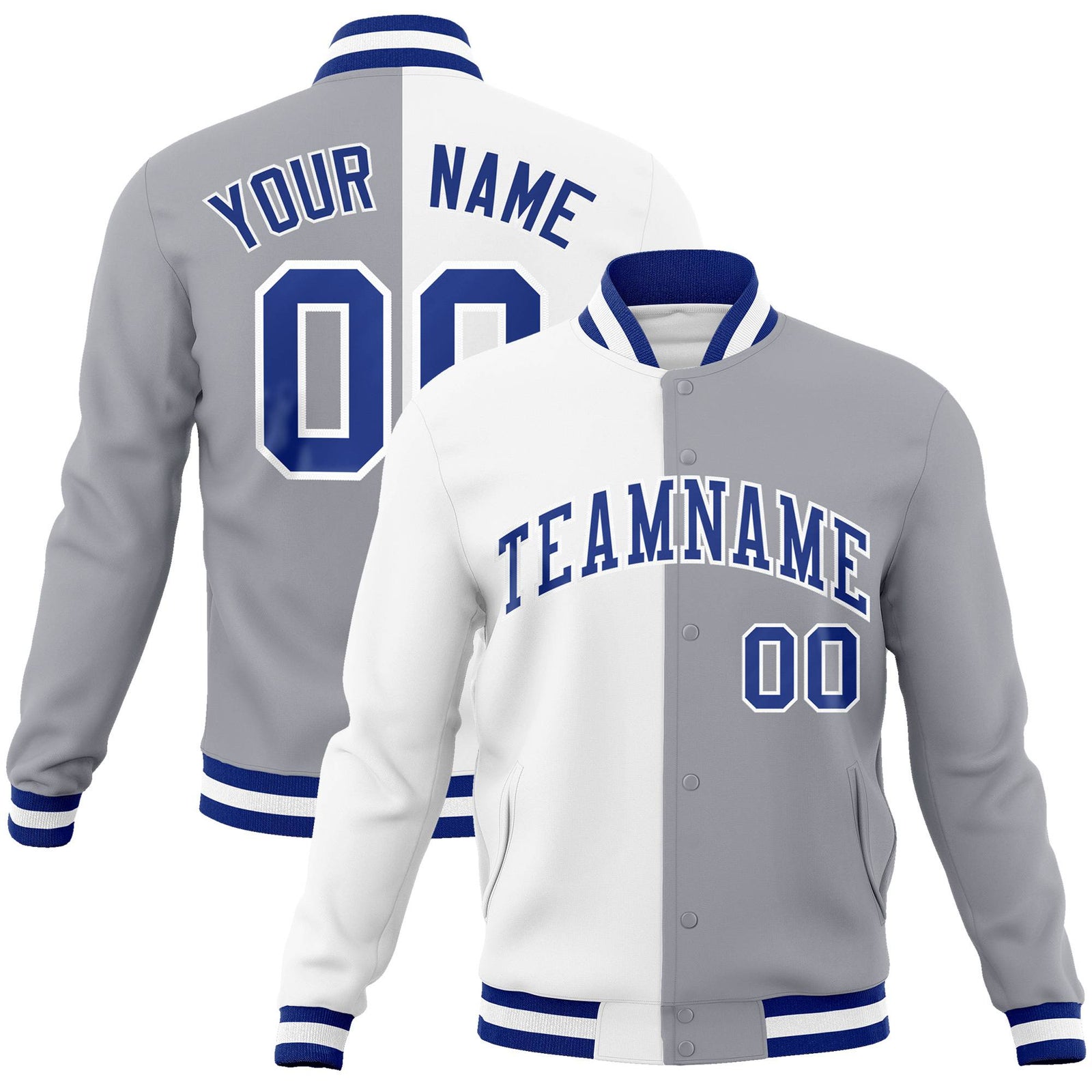 Custom White Gray Blue Bomber Full-Snap Varsity Letterman Split Fashion Jacket