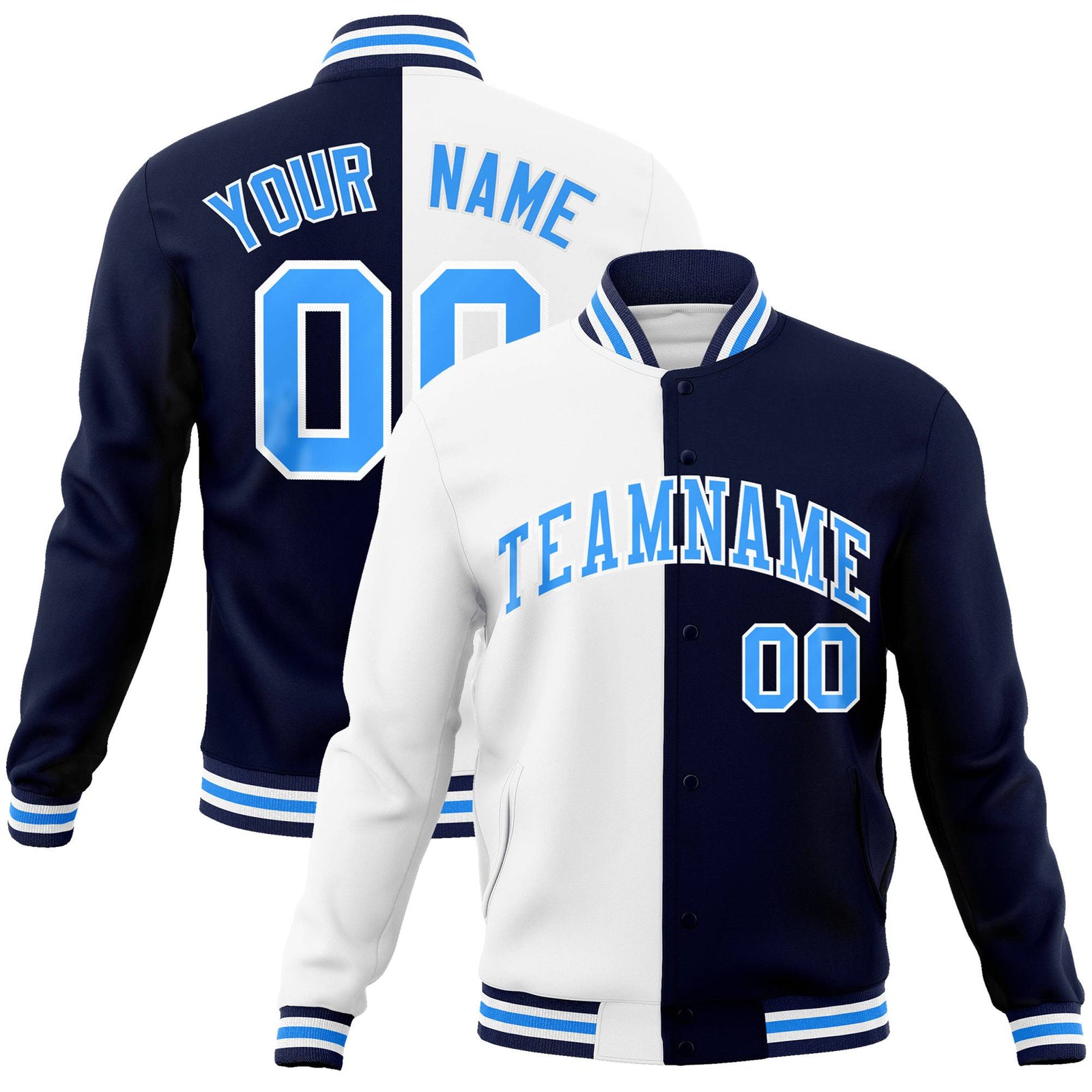 Custom White Navy Light-Blue Bomber Full-Snap Varsity Letterman Split Fashion Jacket