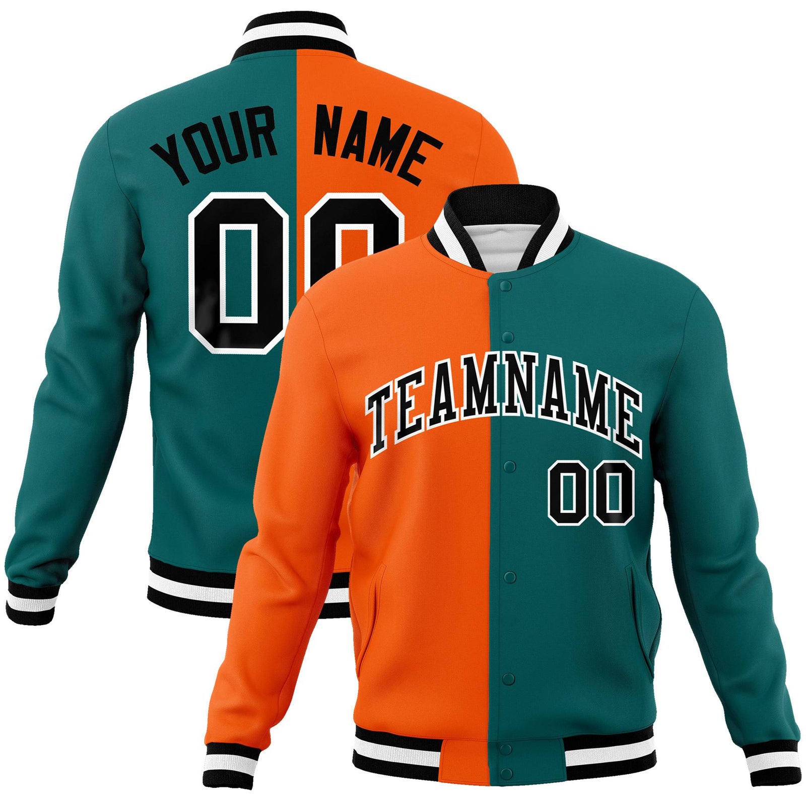 Custom Orange Aqua Black-White Bomber Full-Snap Varsity Letterman Split Fashion Jacket