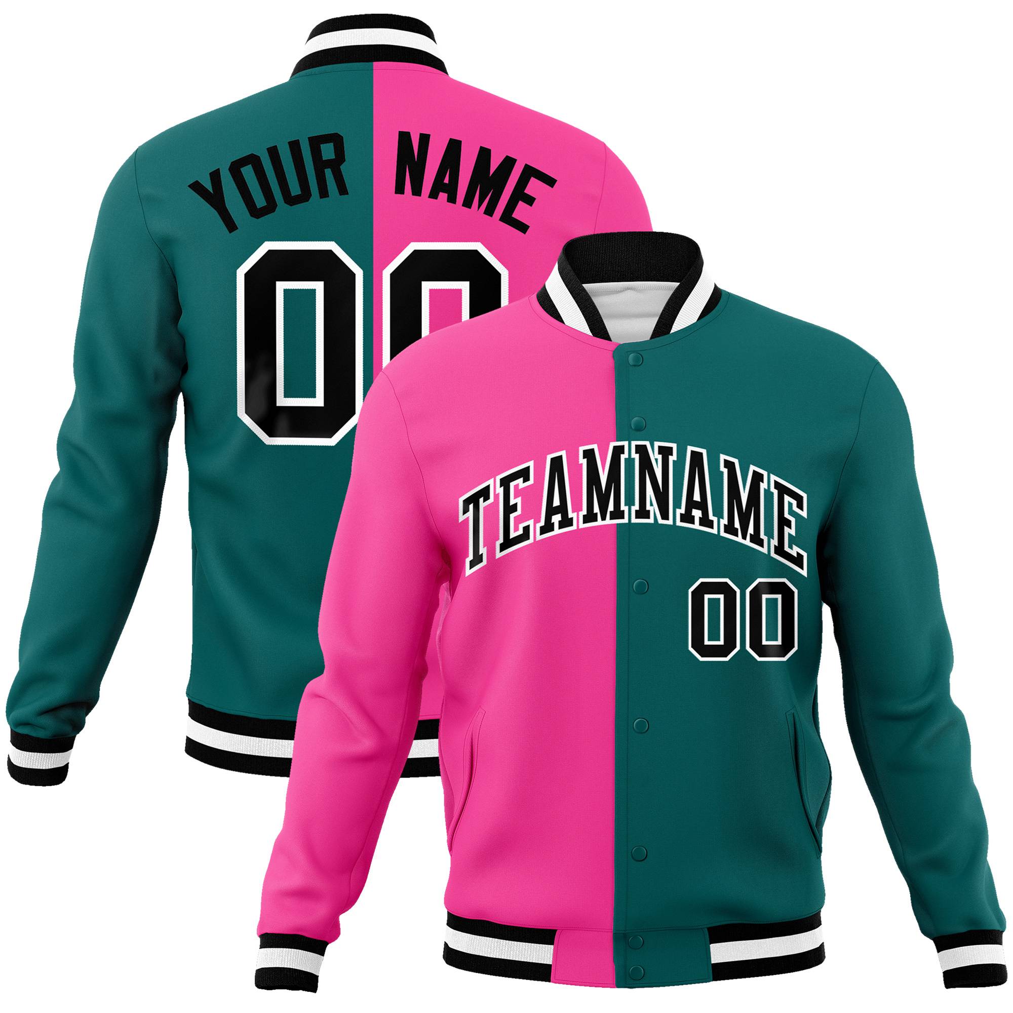 Custom Pink Aqua Black Bomber Full-Snap Varsity Letterman Split Fashion Jacket