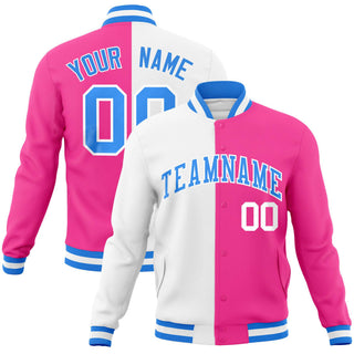 Custom White Pink-Powder Blue Bomber Full-Snap Varsity Letterman Split Fashion Jacket - Style 1