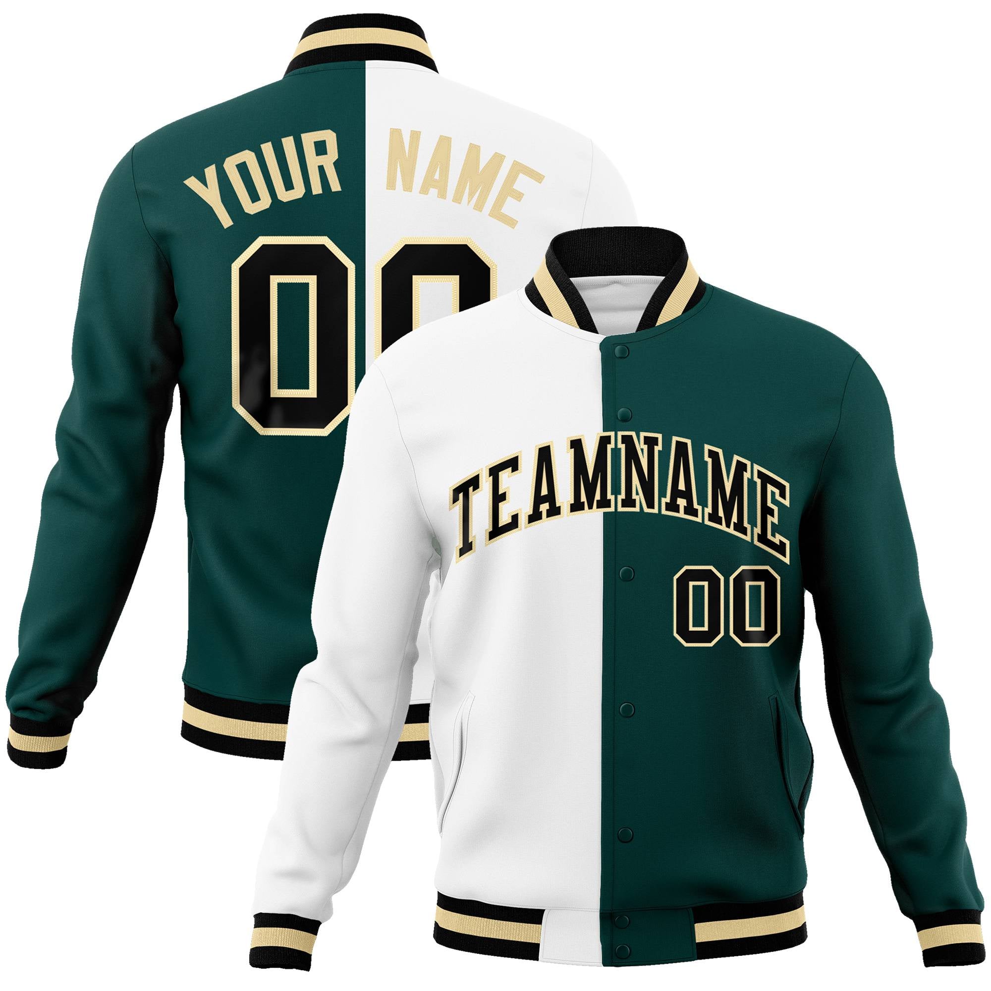 Custom White Midnight-Green Black Bomber Full-Snap Varsity Letterman Split Fashion Jacket