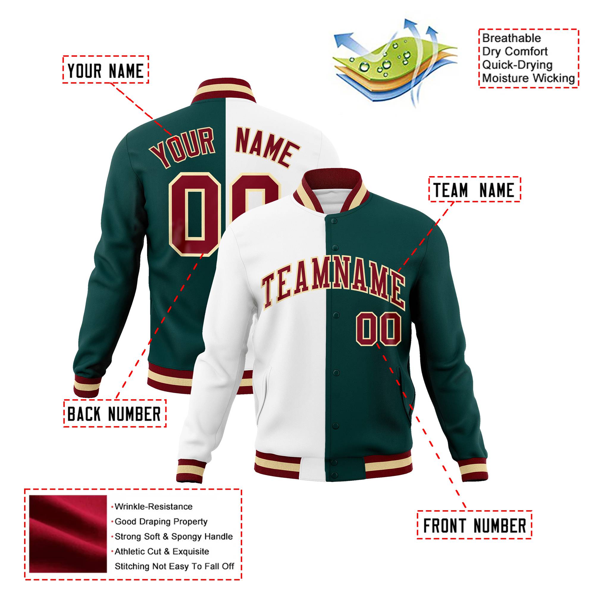 Custom White Midnight-Green Burgundy Bomber Full-Snap Varsity Letterman Split Fashion Jacket