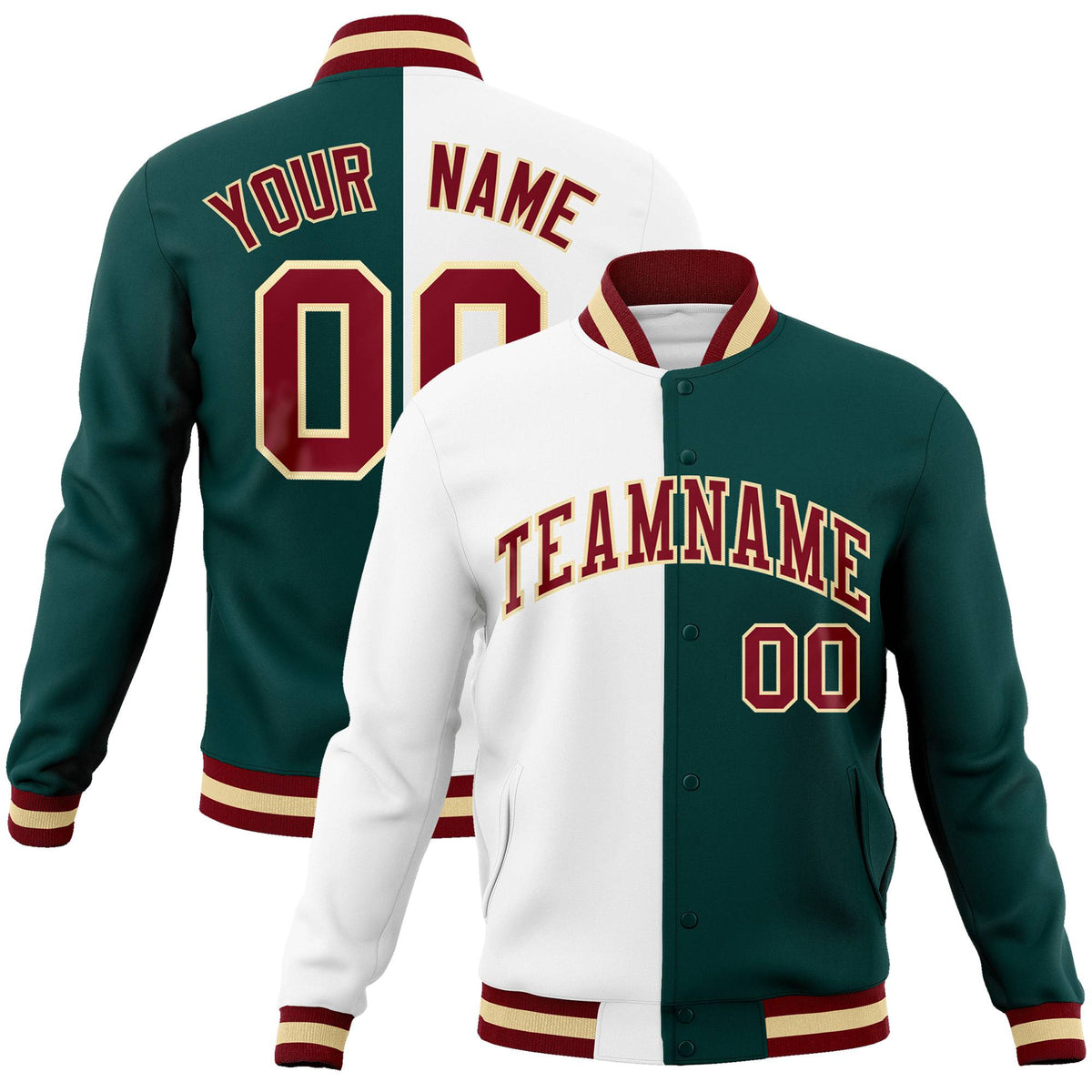 Custom White Midnight-Green Burgundy Bomber Full-Snap Varsity Letterman Split Fashion Jacket