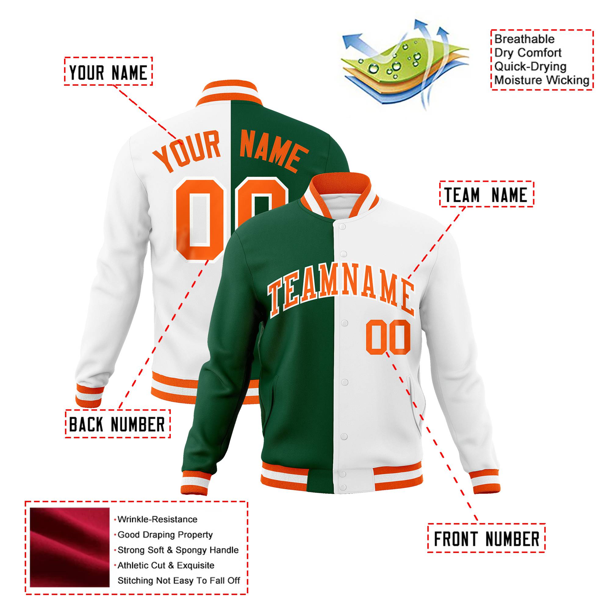 Custom Kelly Green White Orange Bomber Full-Snap Varsity Letterman Split Fashion Jacket