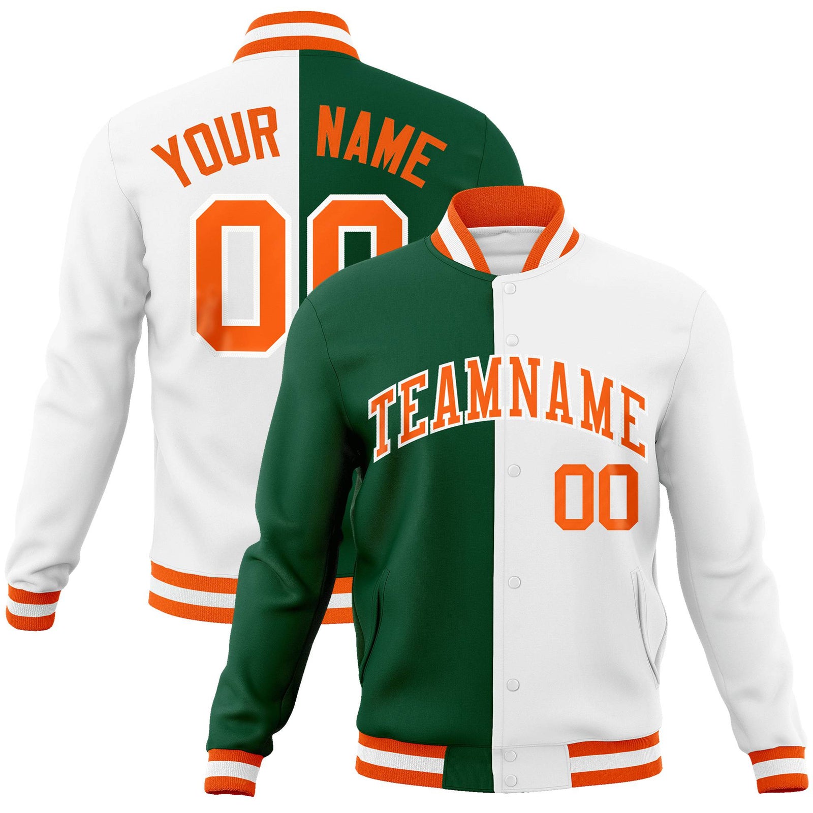 Custom Kelly Green White Orange Bomber Full-Snap Varsity Letterman Split Fashion Jacket