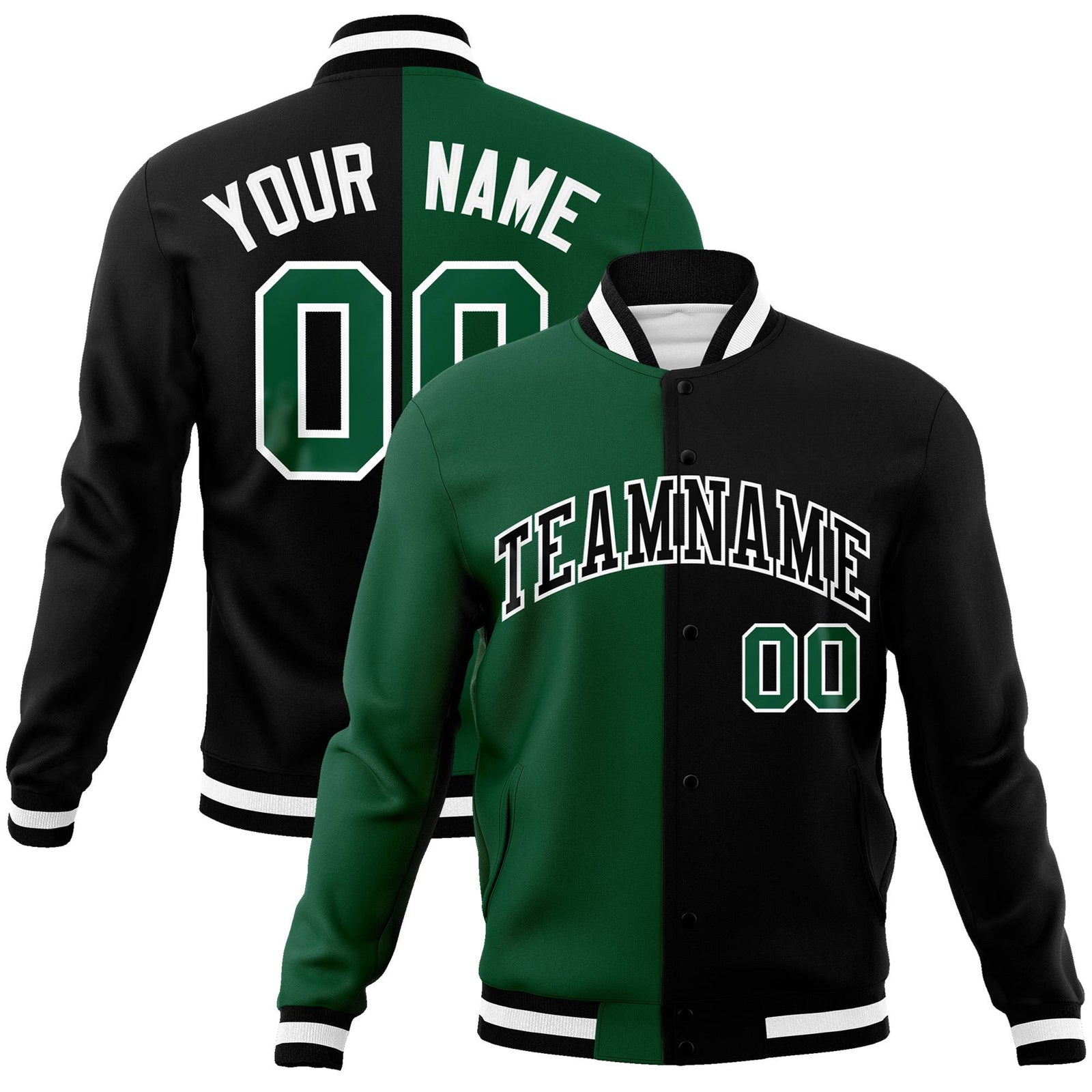 Custom Kelly Green Black White Bomber Full-Snap Varsity Letterman Split Fashion Jacket