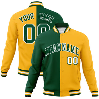 Custom Green Gold-1 White Bomber Full-Snap Varsity Letterman Split Fashion Jacket - Style 1
