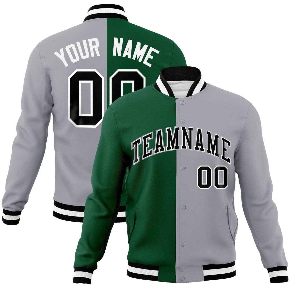 Custom Kelly Green Gray-Black Bomber Full-Snap Varsity Letterman Split Fashion Jacket