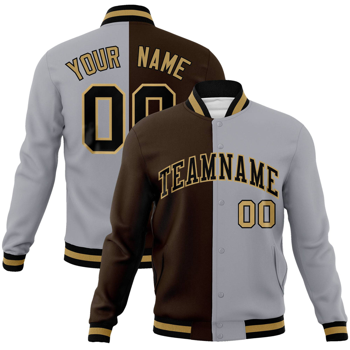 Custom Brown Gray Old-Gold Bomber Full-Snap Varsity Letterman Split Fashion Jacket