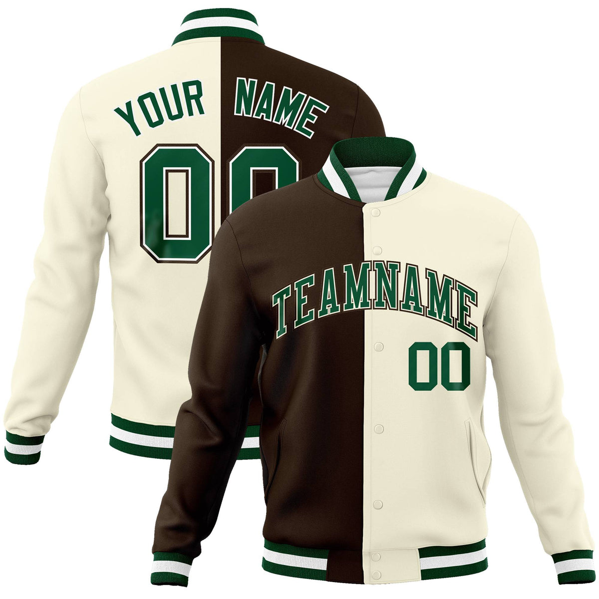 Custom Olive Cream Kelly-Green Bomber Full-Snap Varsity Letterman Split Fashion Jacket