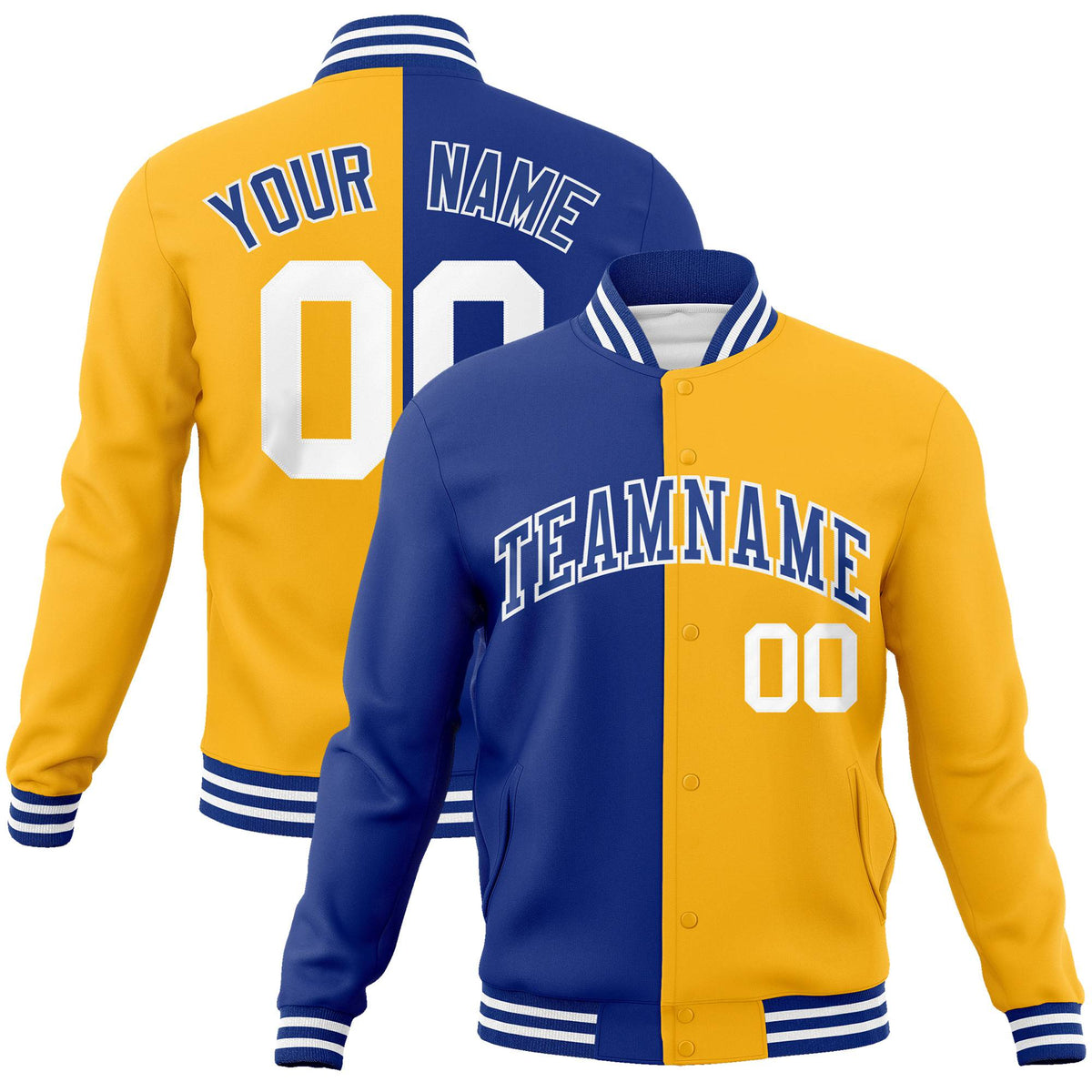 Custom Thunder-Blue Yellow White Bomber Full-Snap Varsity Letterman Split Fashion Jacket