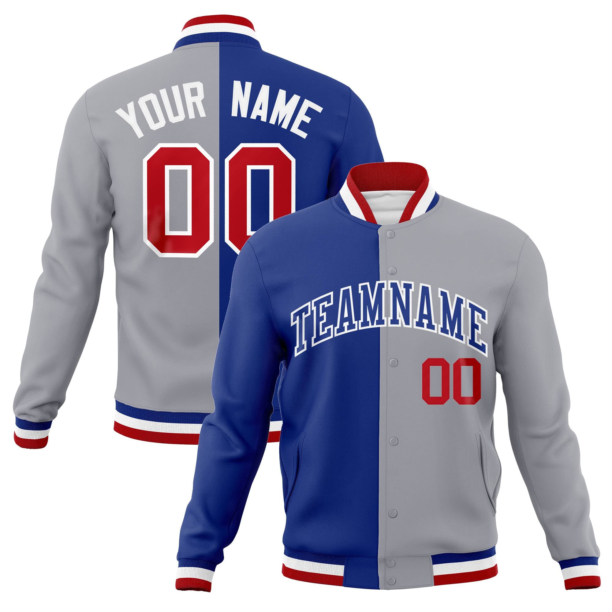 Custom Thunder-Blue Gray Red Bomber Full-Snap Varsity Letterman Split Fashion Jacket