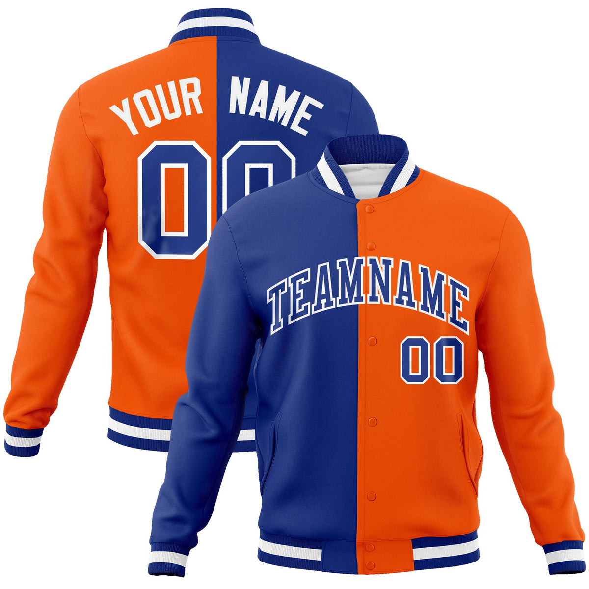 Custom Thunder-Blue Orange White Bomber Full-Snap Varsity Letterman Split Fashion Jacket