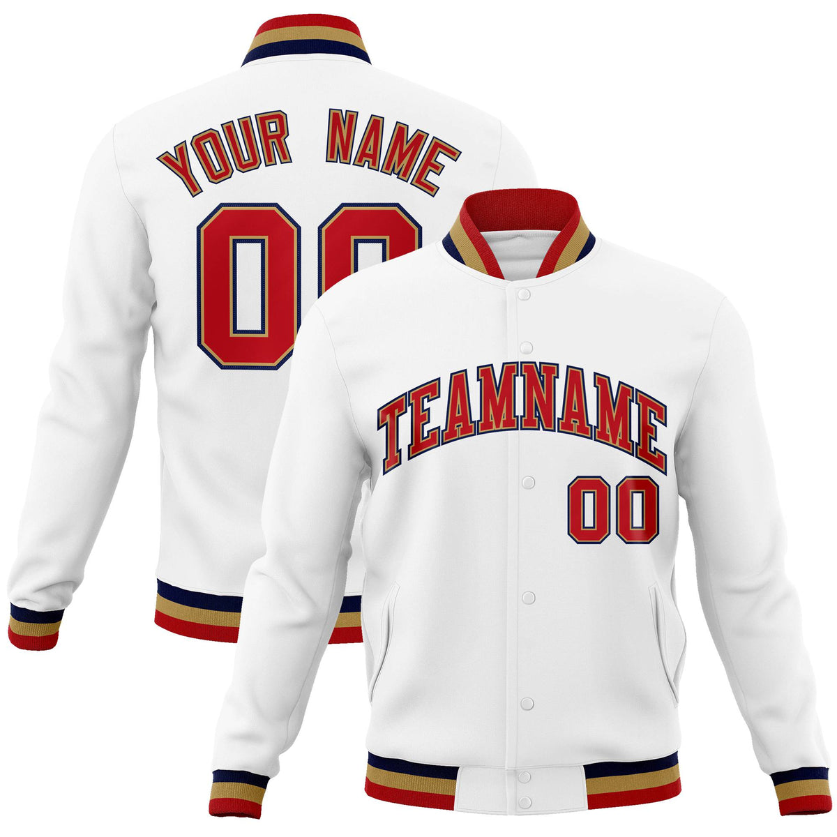 Custom White- Red-Navy Bomber Full-Snap Varsity Letterman Jacket