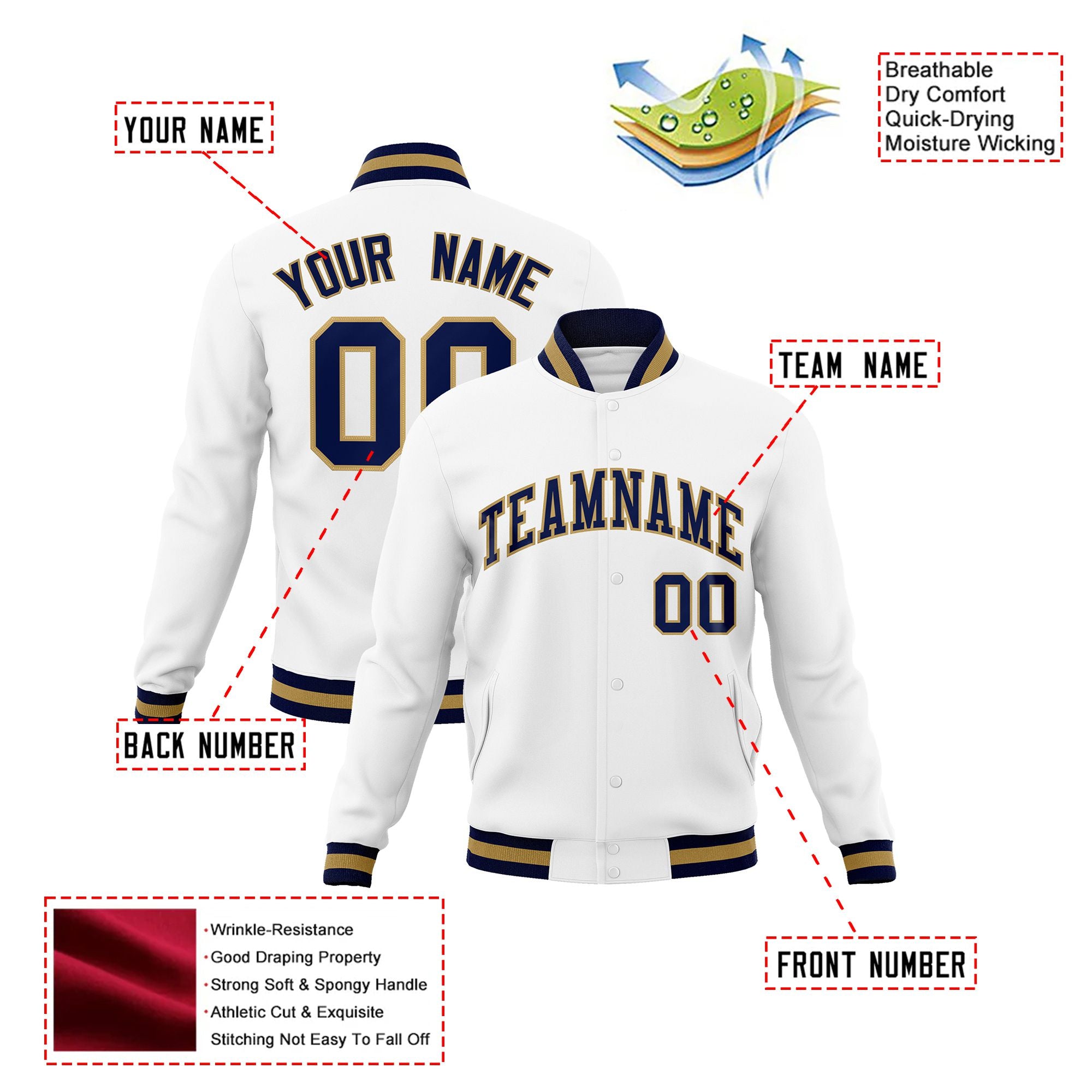 Custom White- Navy- Old-Gold Bomber Full-Snap Varsity Letterman Jacket