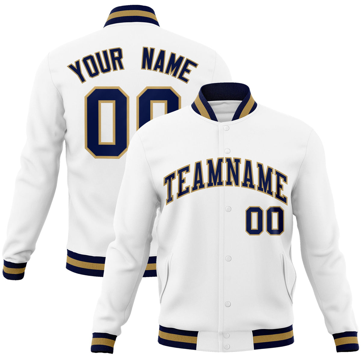 Custom White- Navy- Old-Gold Bomber Full-Snap Varsity Letterman Jacket