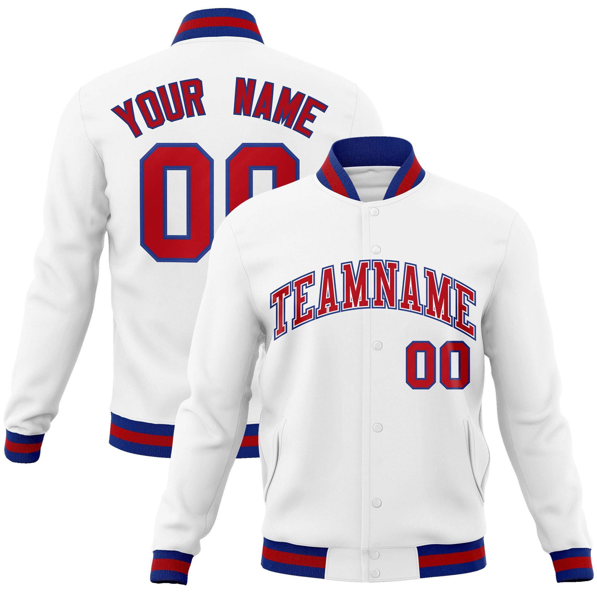 Custom White- Red- Navy Bomber Full-Snap Varsity Letterman Jacket