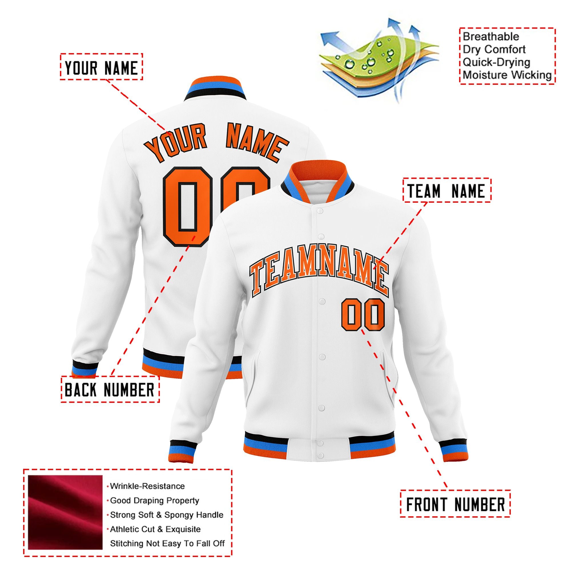 Custom White- Orange-Powder Blue Bomber Full-Snap Varsity Letterman Jacket