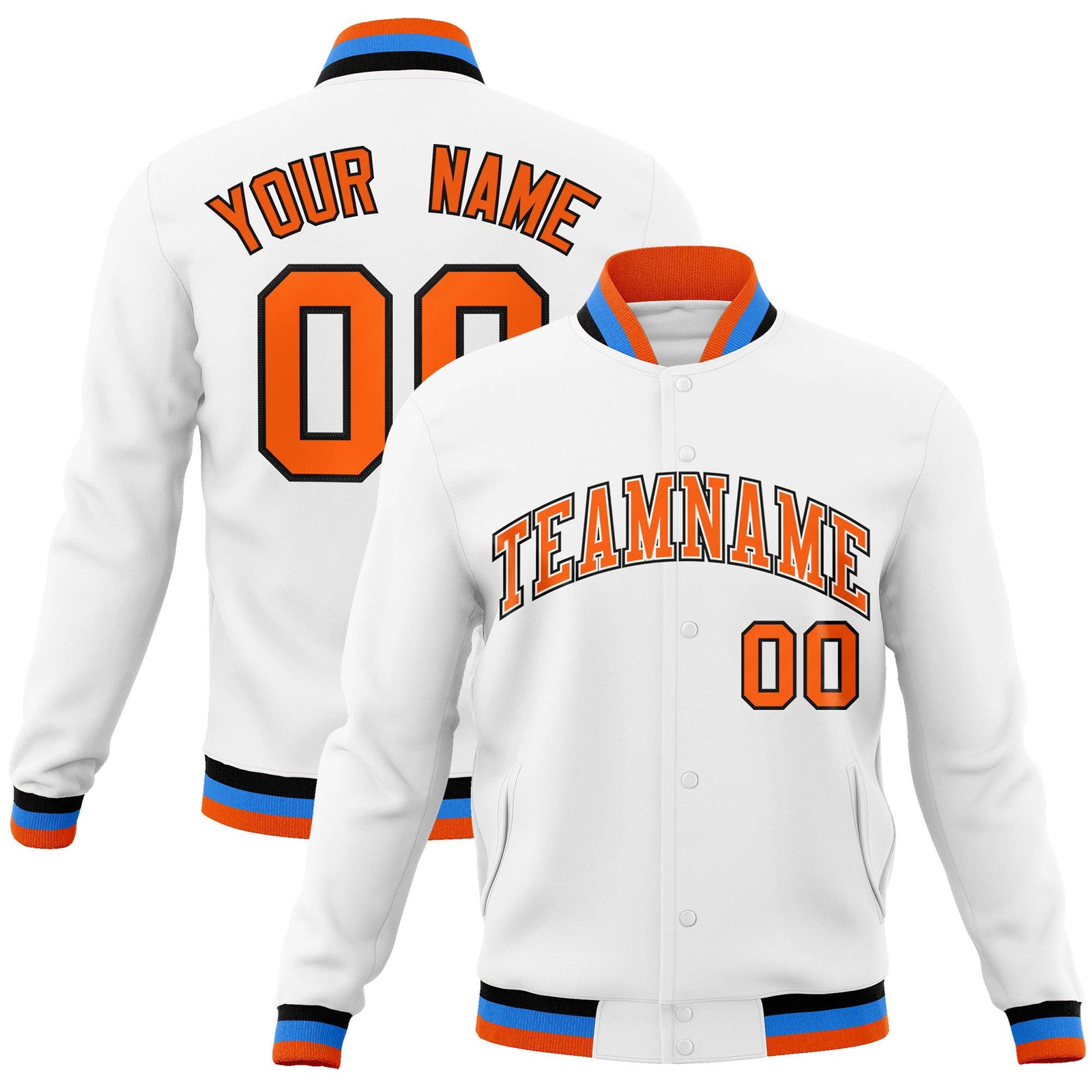 Custom White- Orange-Powder Blue Bomber Full-Snap Varsity Letterman Jacket