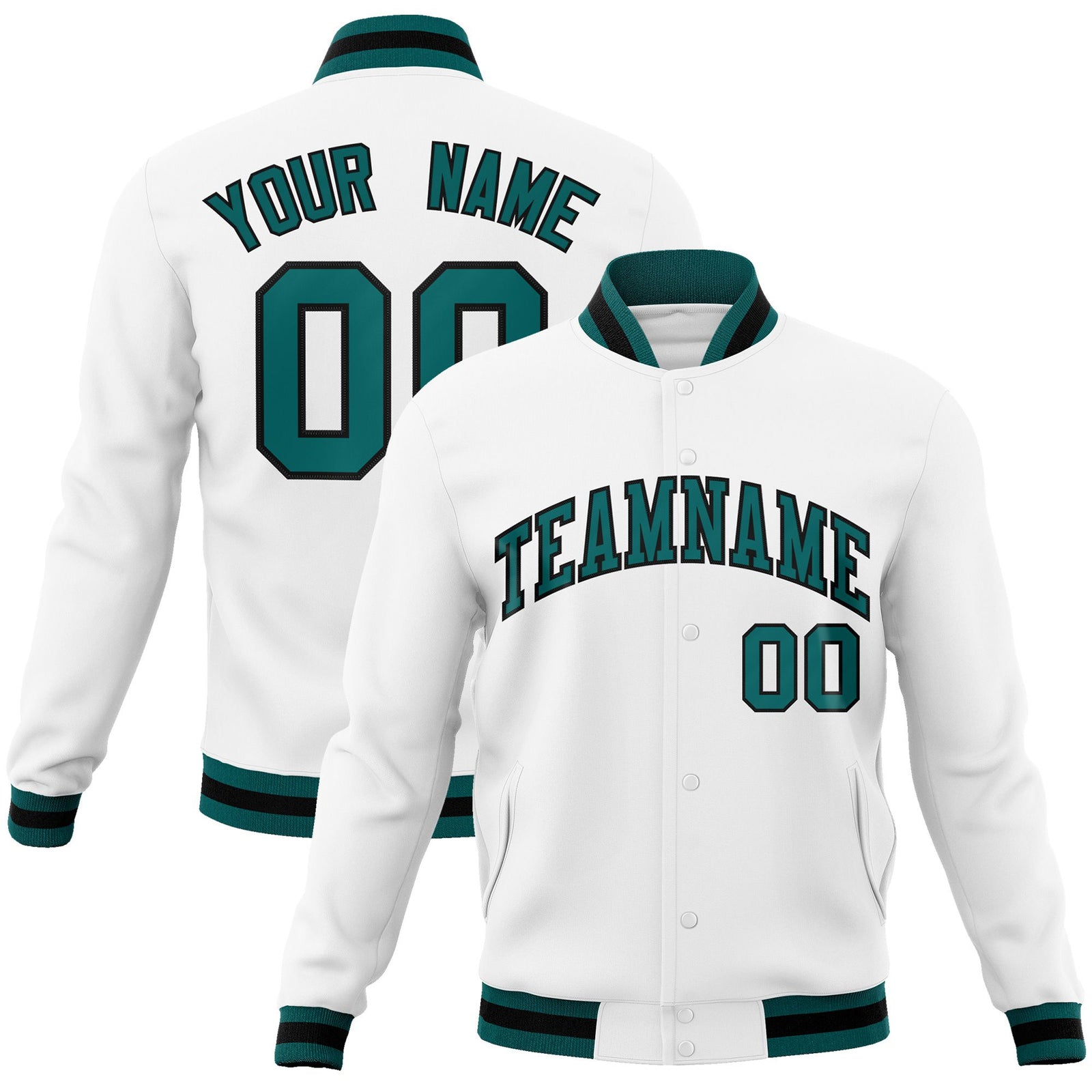 Custom White- Midnight Green- Black Bomber Full-Snap Varsity Letterman Jacket