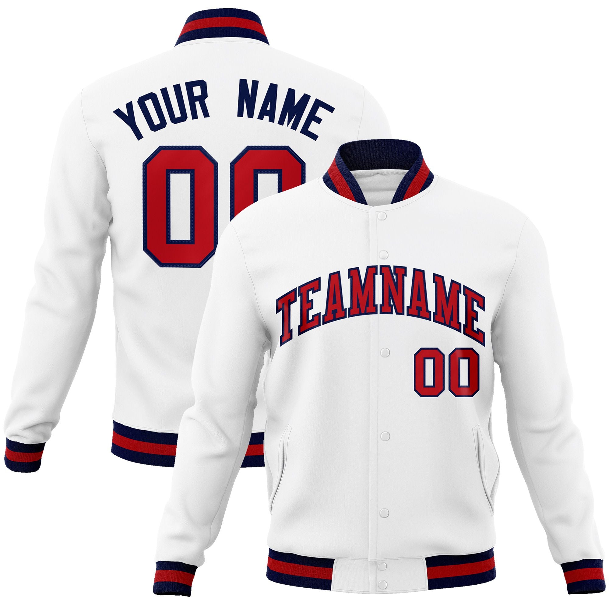 Custom White- Red-Navy Bomber Full-Snap Varsity Letterman Jacket