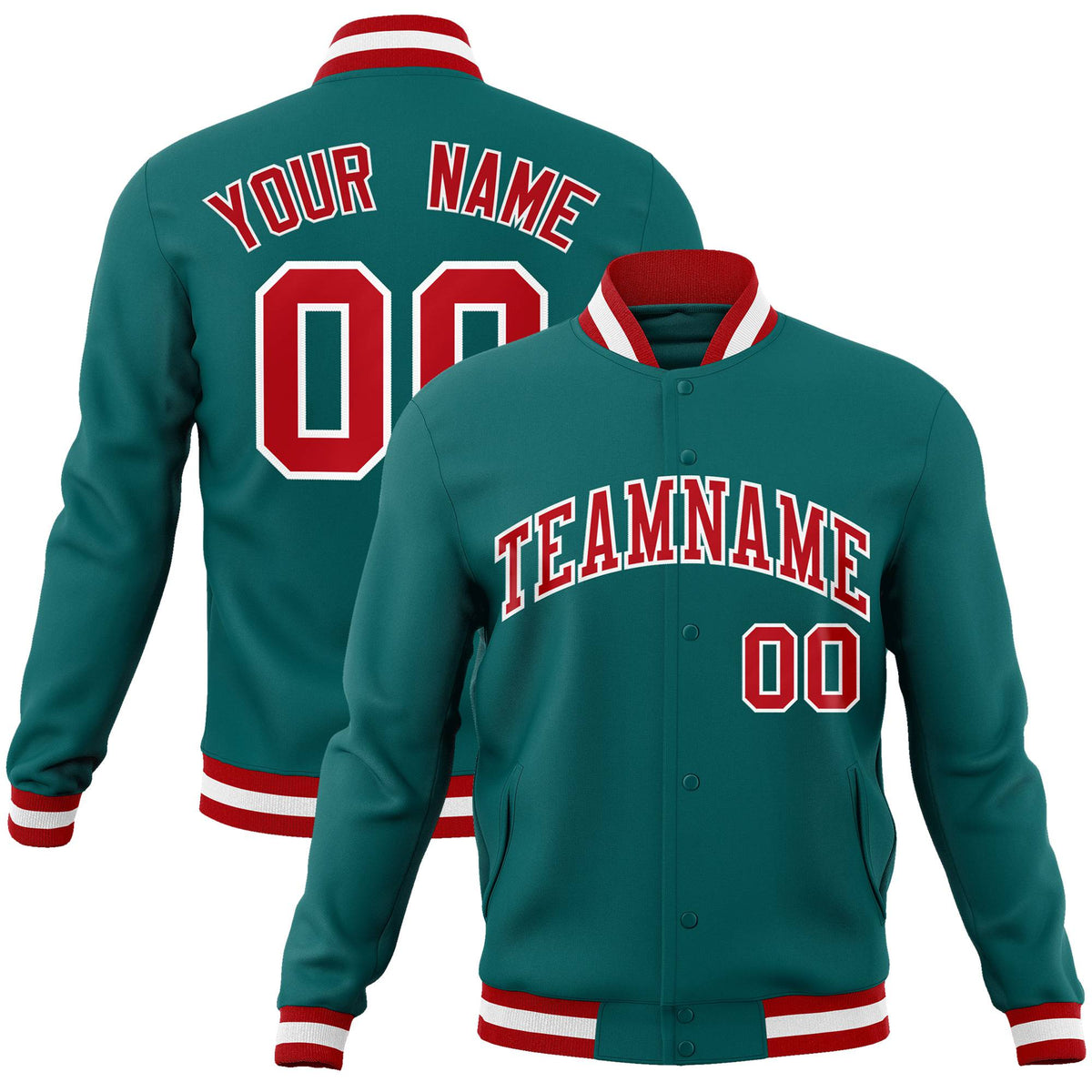 Custom Aqua- Red-White Bomber Full-Snap Varsity Letterman Jacket