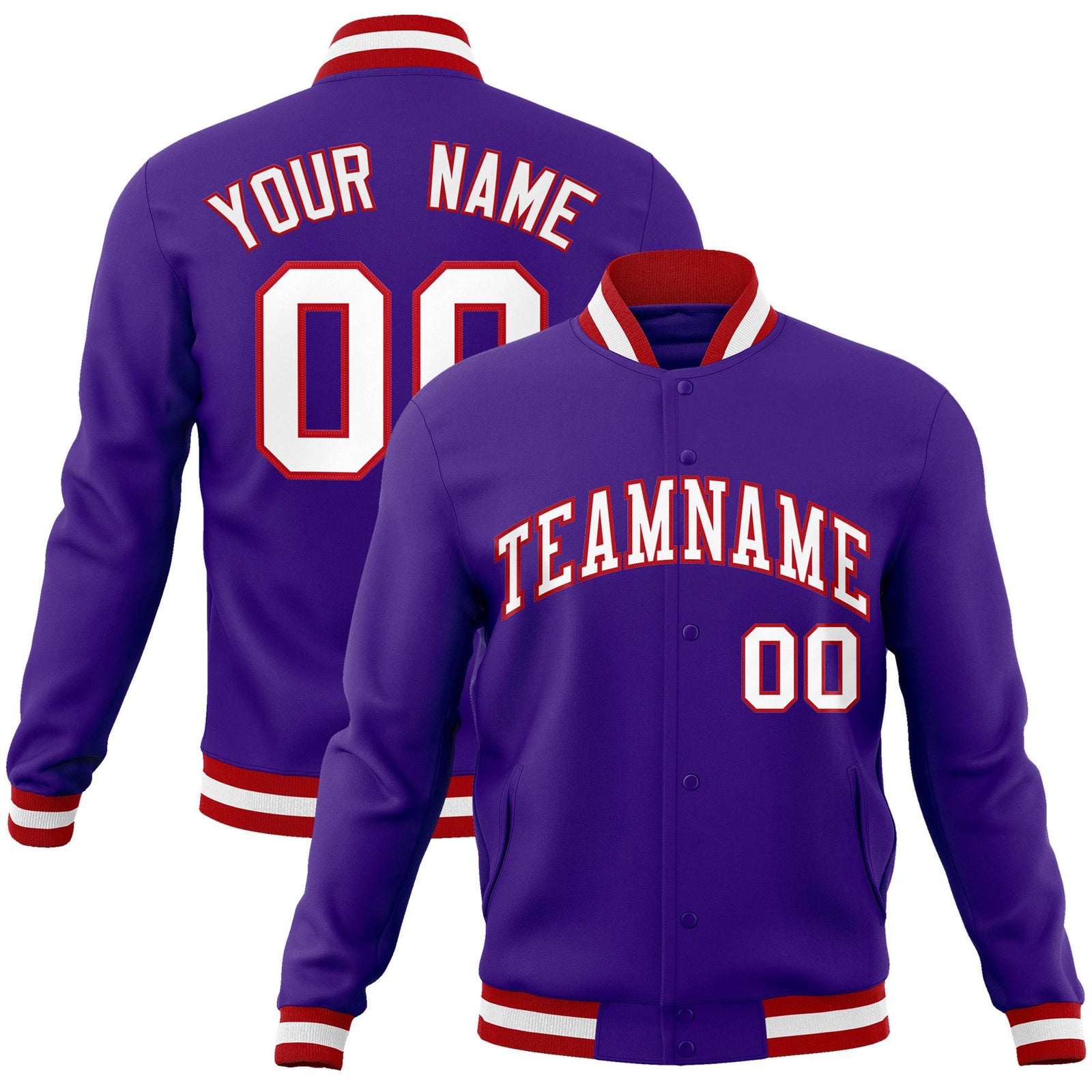 Custom Purple- White-Red Bomber Full-Snap Varsity Letterman Jacket