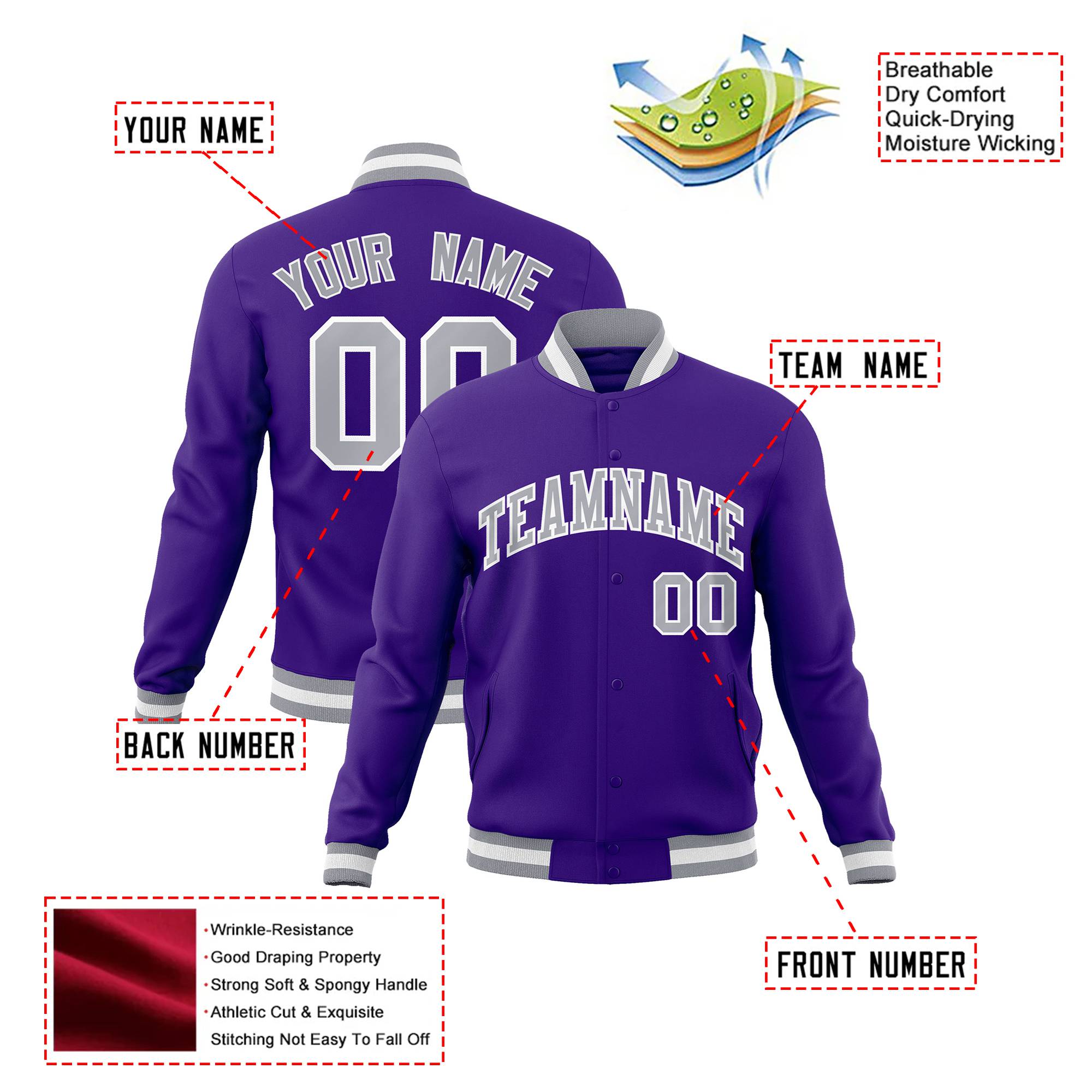 Custom Purple- Gray-White Bomber Full-Snap Varsity Letterman Jacket