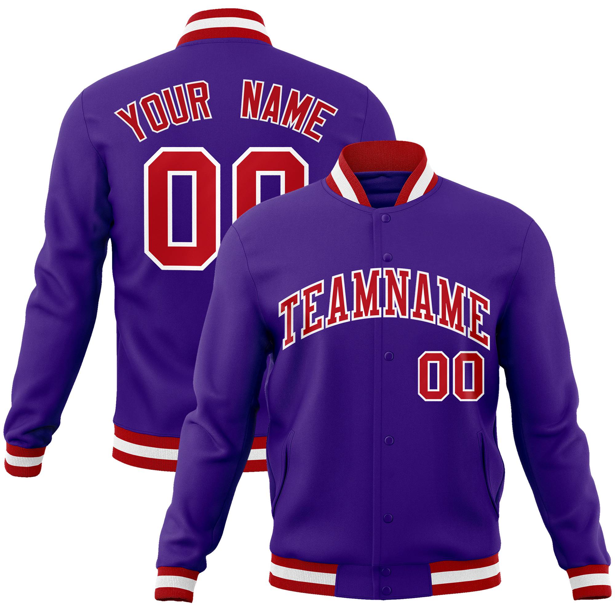 Custom Purple- Red-White Bomber Full-Snap Varsity Letterman Jacket