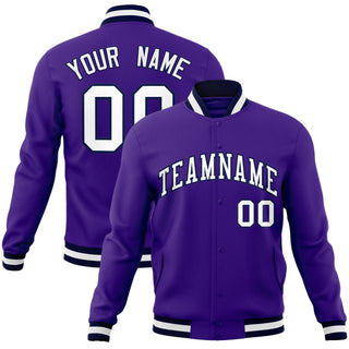Custom Purple White Black Bomber Full-Snap Varsity Letterman Jacket - Style 1