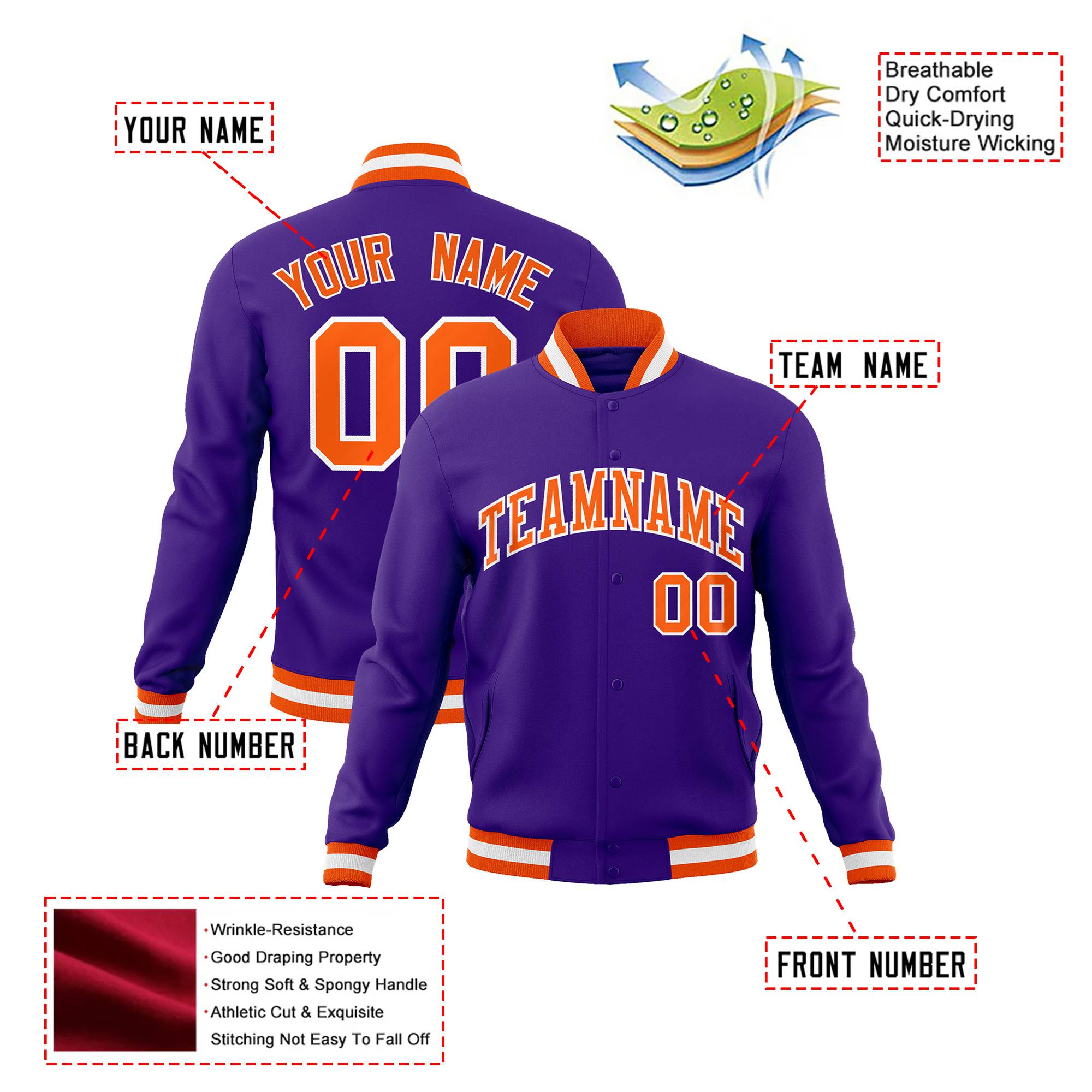 Custom Purple- Orange-White Bomber Full-Snap Varsity Letterman Jacket