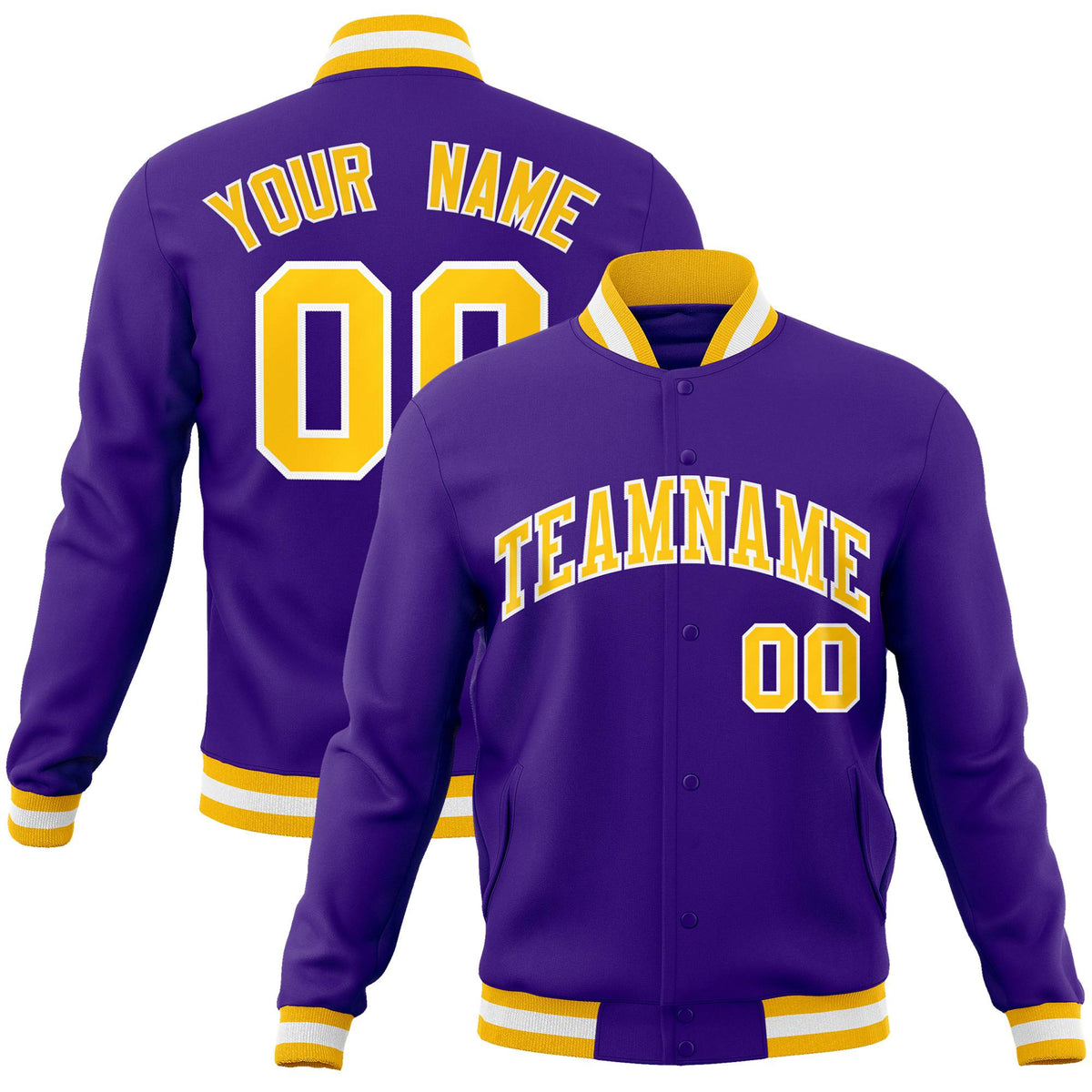 Custom Purple- Yellow-White Bomber Full-Snap Varsity Letterman Jacket