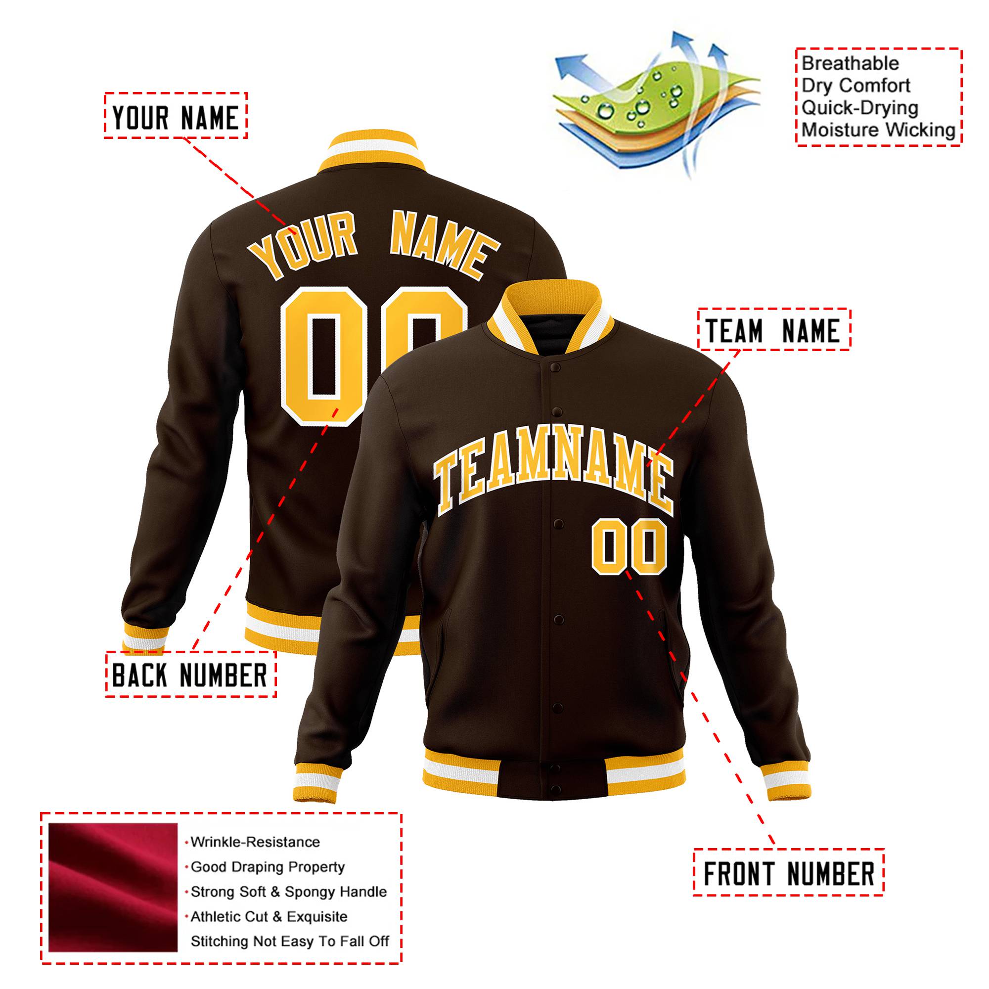 Custom Brown- Yellow-White Bomber Full-Snap Varsity Letterman Jacket