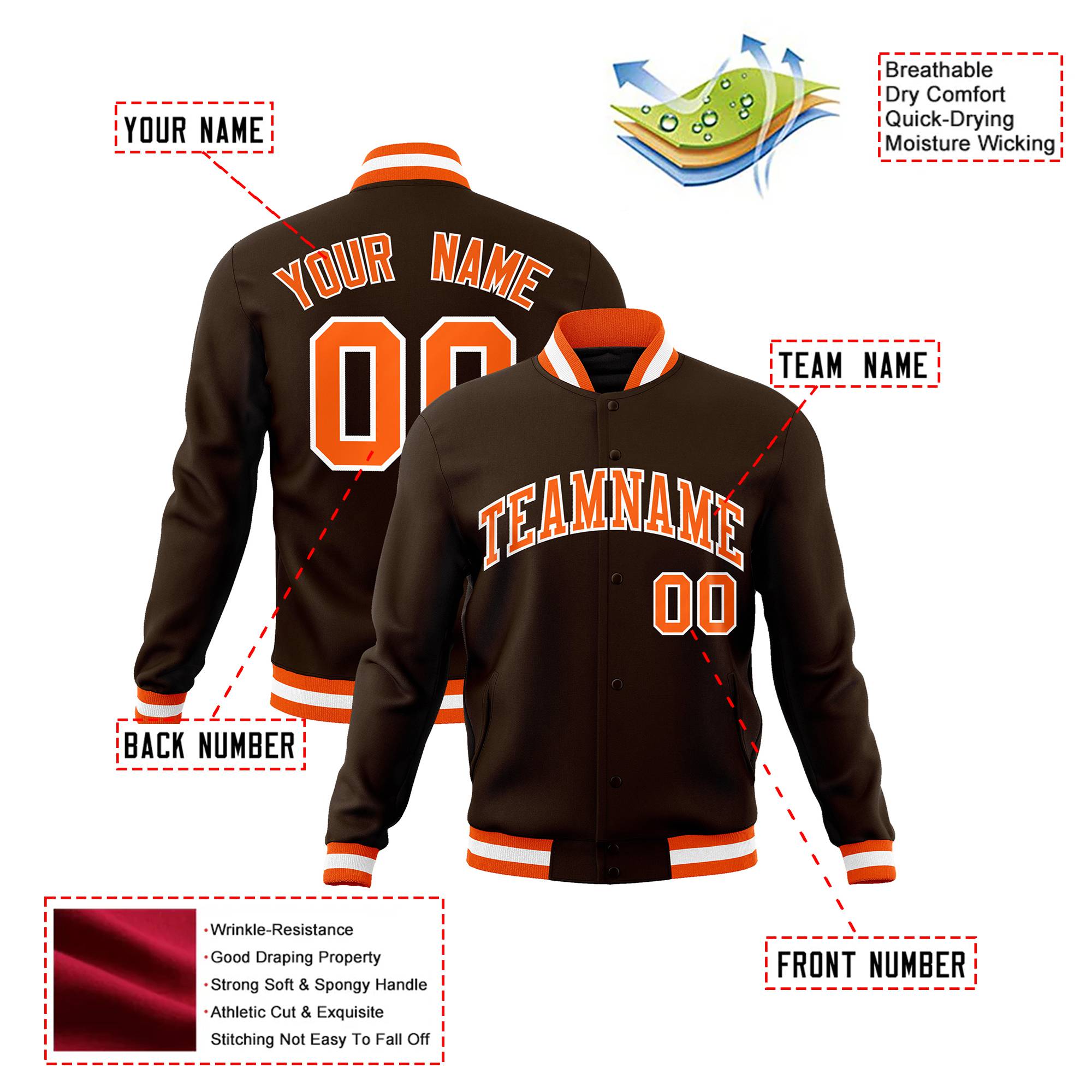 Custom Brown- Orange-White Bomber Full-Snap Varsity Letterman Jacket